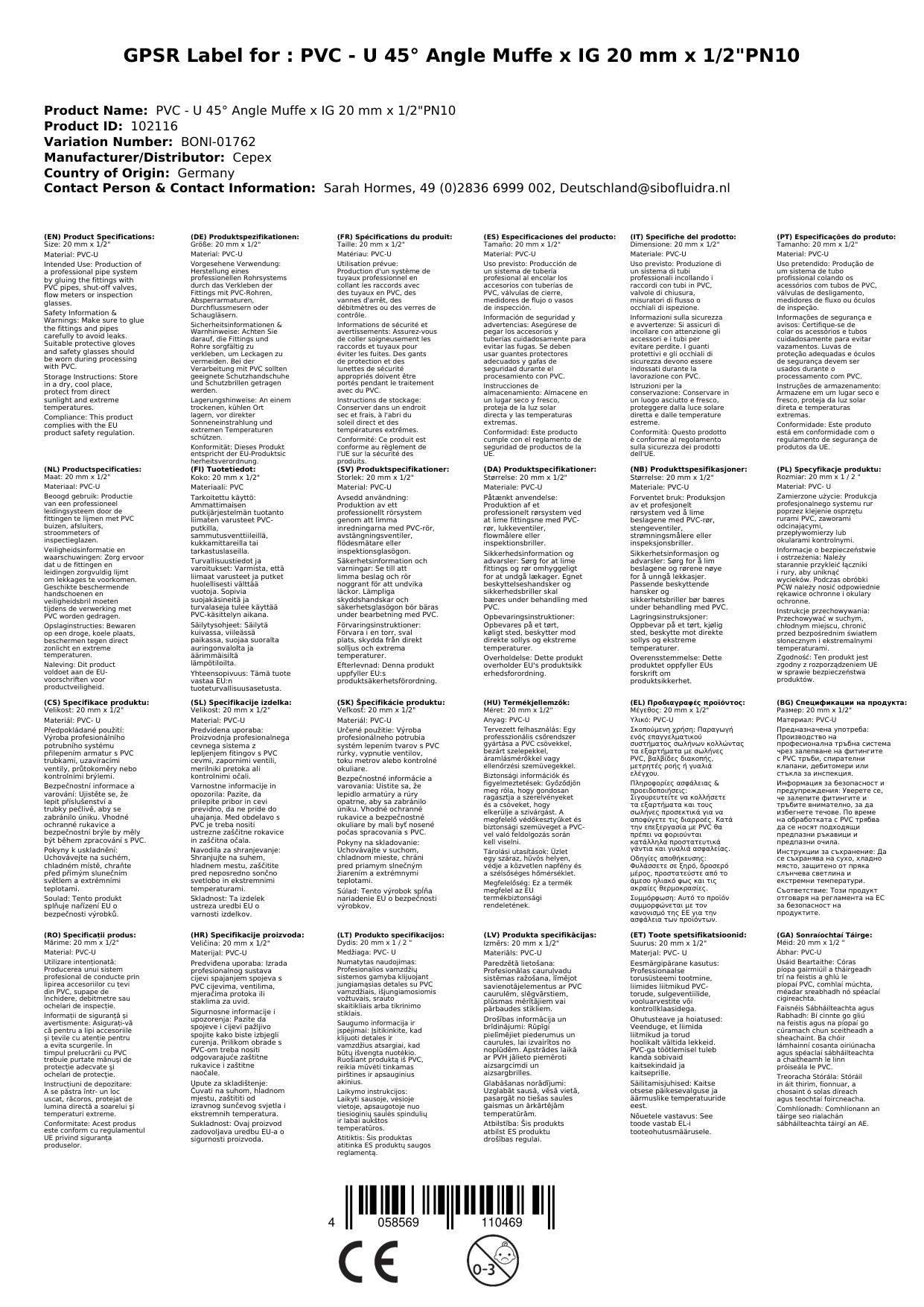 PVC Winkel 45 Grad, PVC Fitting, Muffe x IG 20 mm, 1/2" PN10
