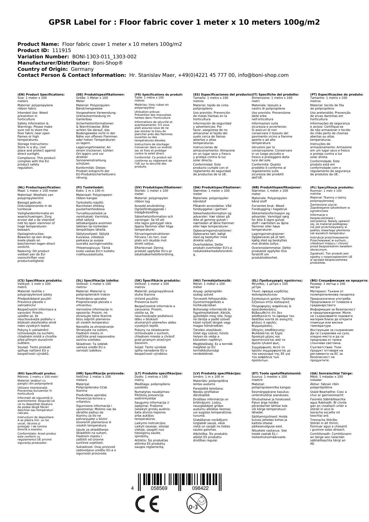 Bodengewebe Abdeckvlies 1 Meter x 10 Meter 100g/m²