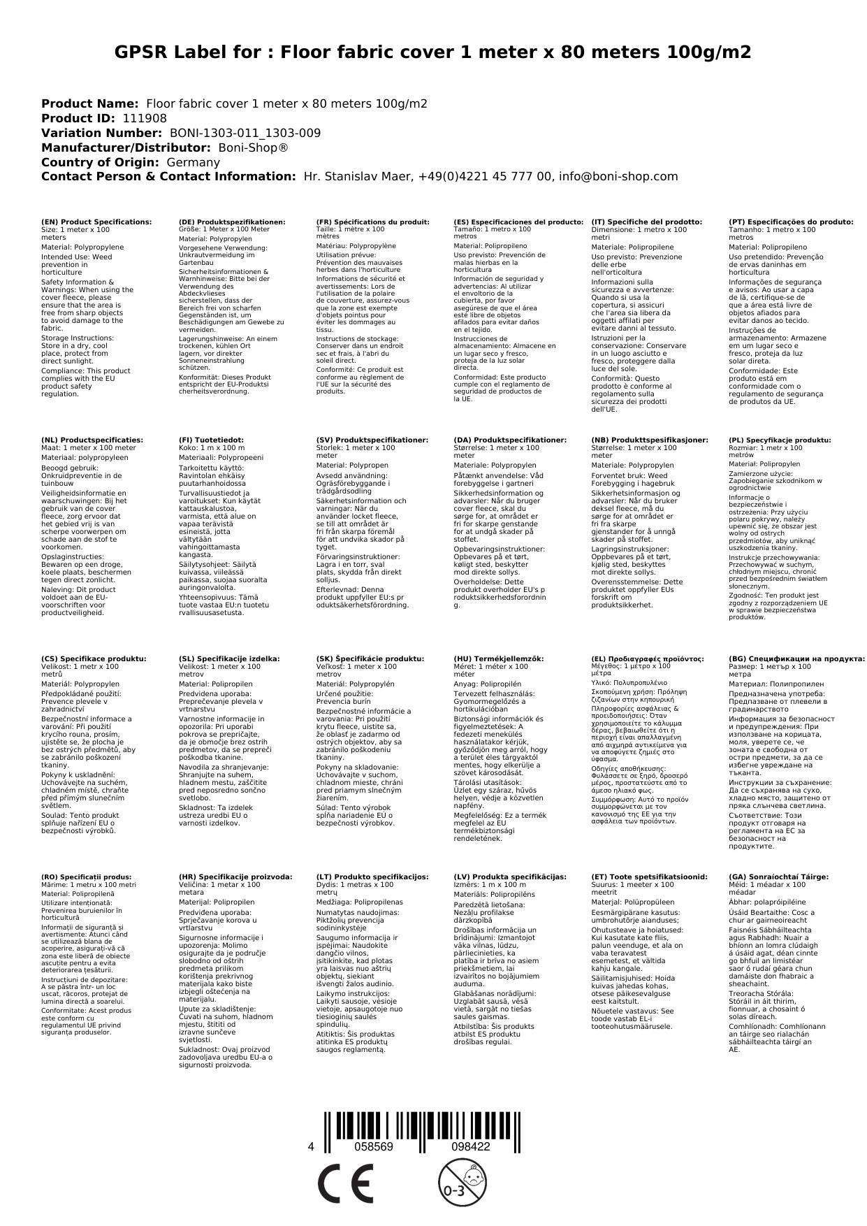 Bodengewebe Abdeckvlies 1 Meter x 80 Meter 100g/m²