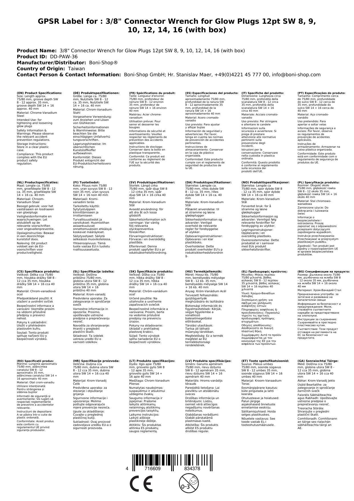 Glühkerzenschlüssel, Gelenk 3/8 Zoll, SW 8-16 mm, Satz mit Box