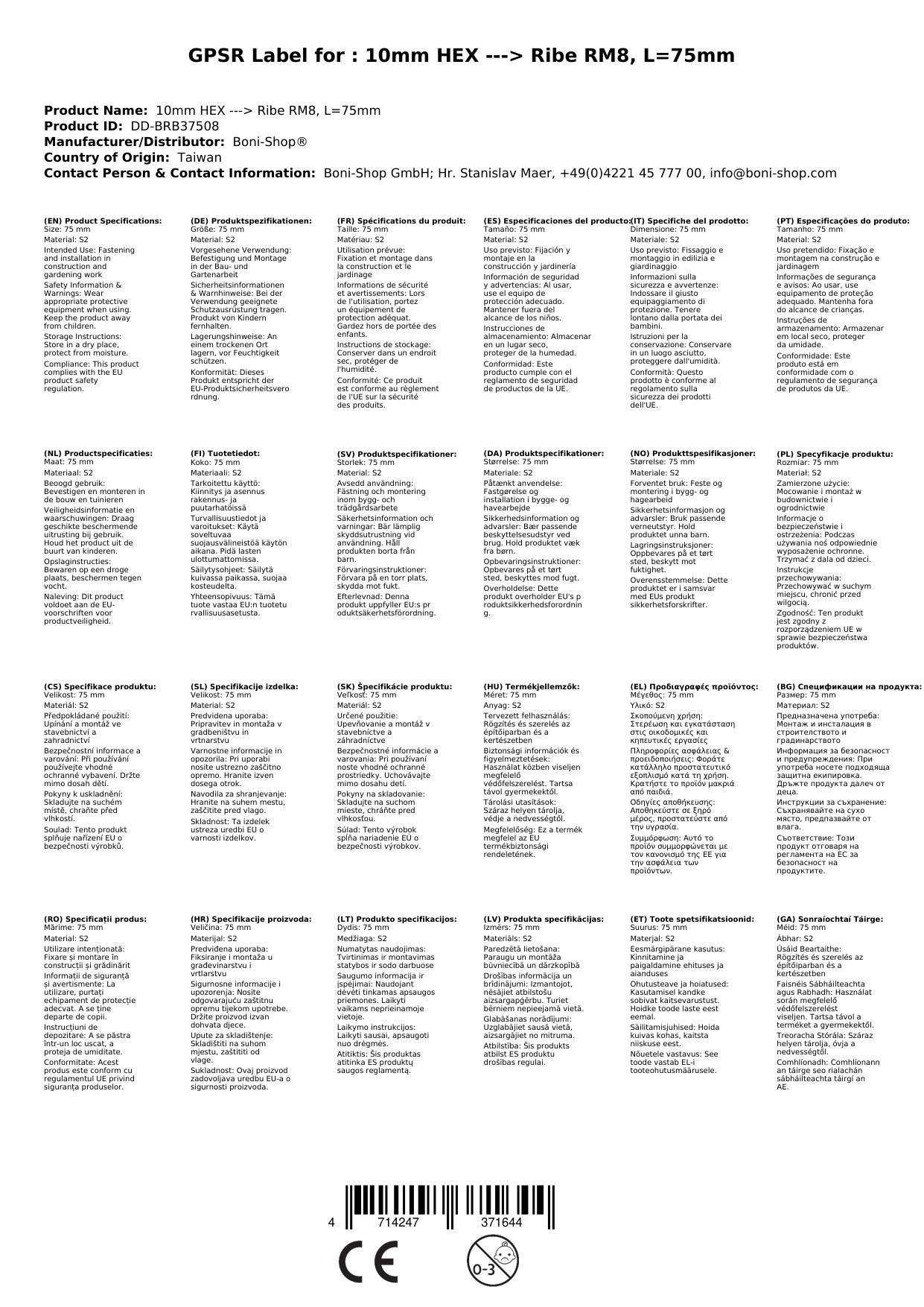 Ribe Nuss, 10mm Hex Bit, Ribe RM8, 75mm Bit