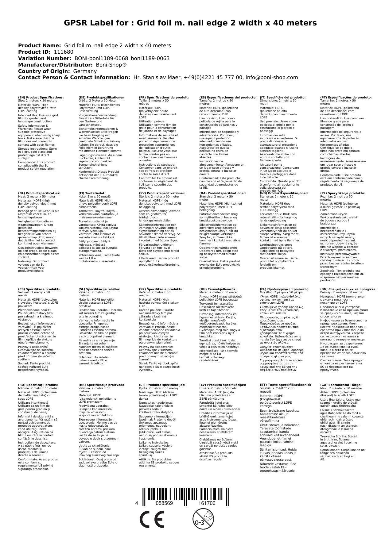 Gitterfolie 2m x 40m, mit Nagelrand, UV-stabil, Boni-Shop