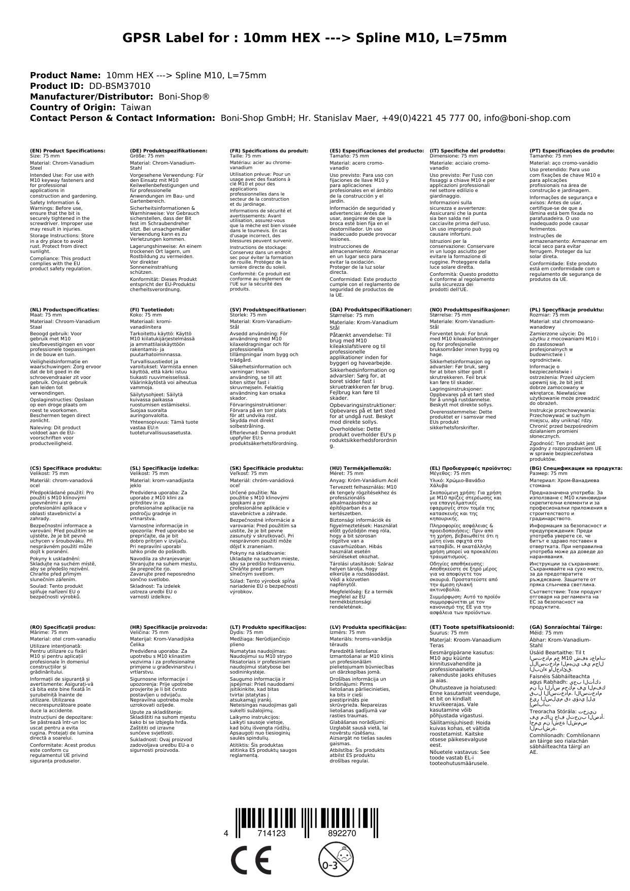 M10 Vielzahn Bit, 12-Punkt, Cr-V Stahl, 75mm