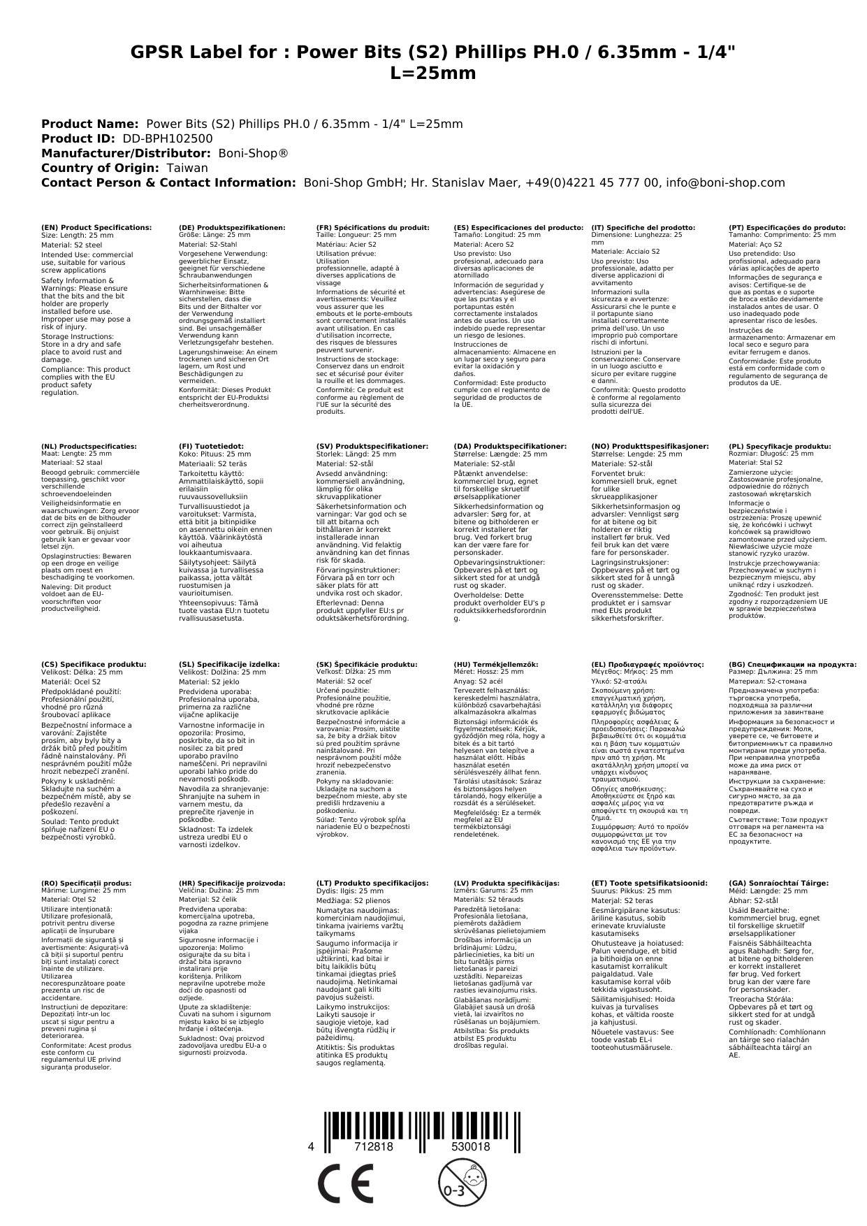 PH0 Bit, Kreuzschlitz Bit, S2 Stahl, 25mm Schrauberbit
