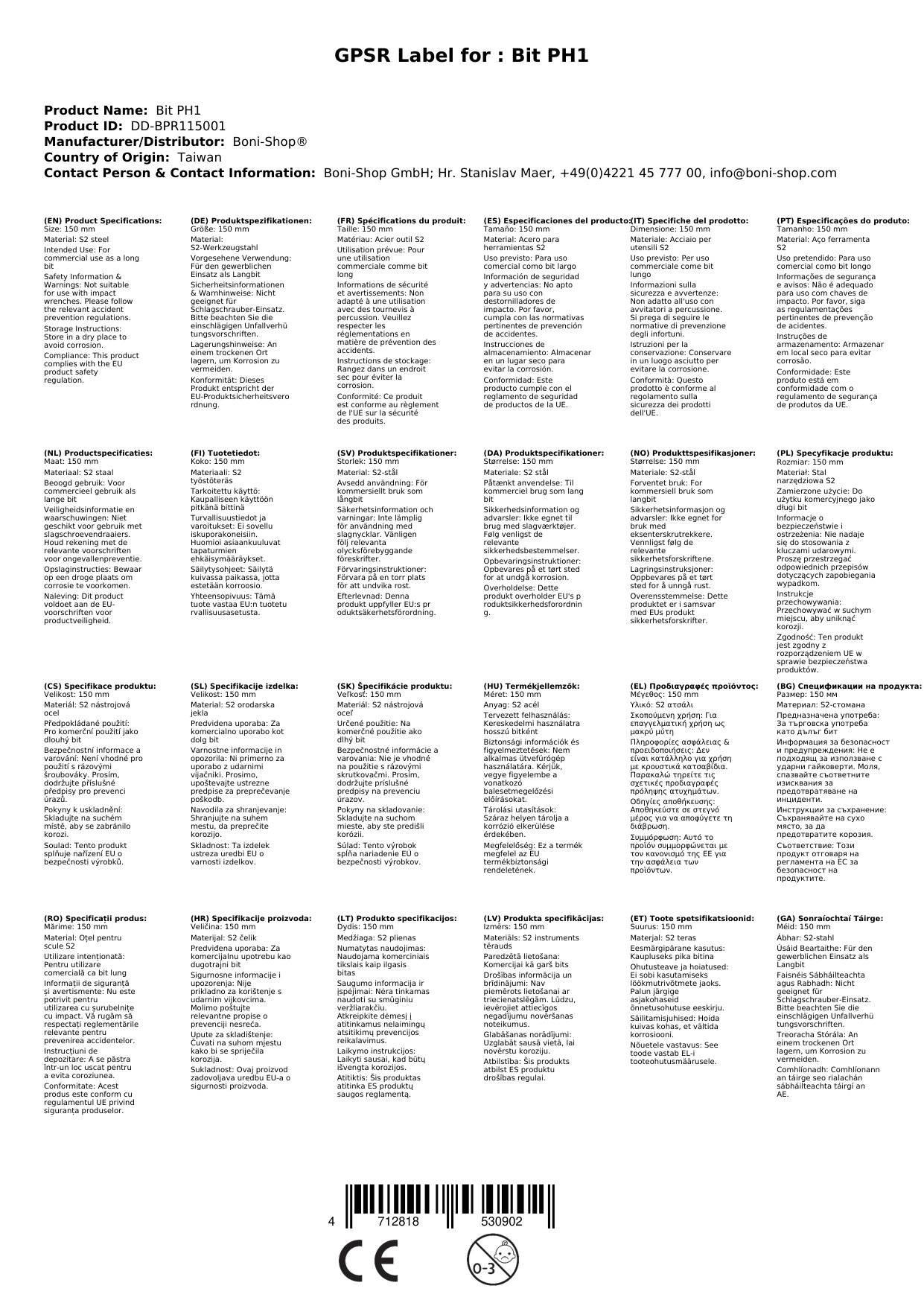 PH1 Bit, 150mm Langbit, S2 Stahl, Profi Bit, 1/4 Zoll