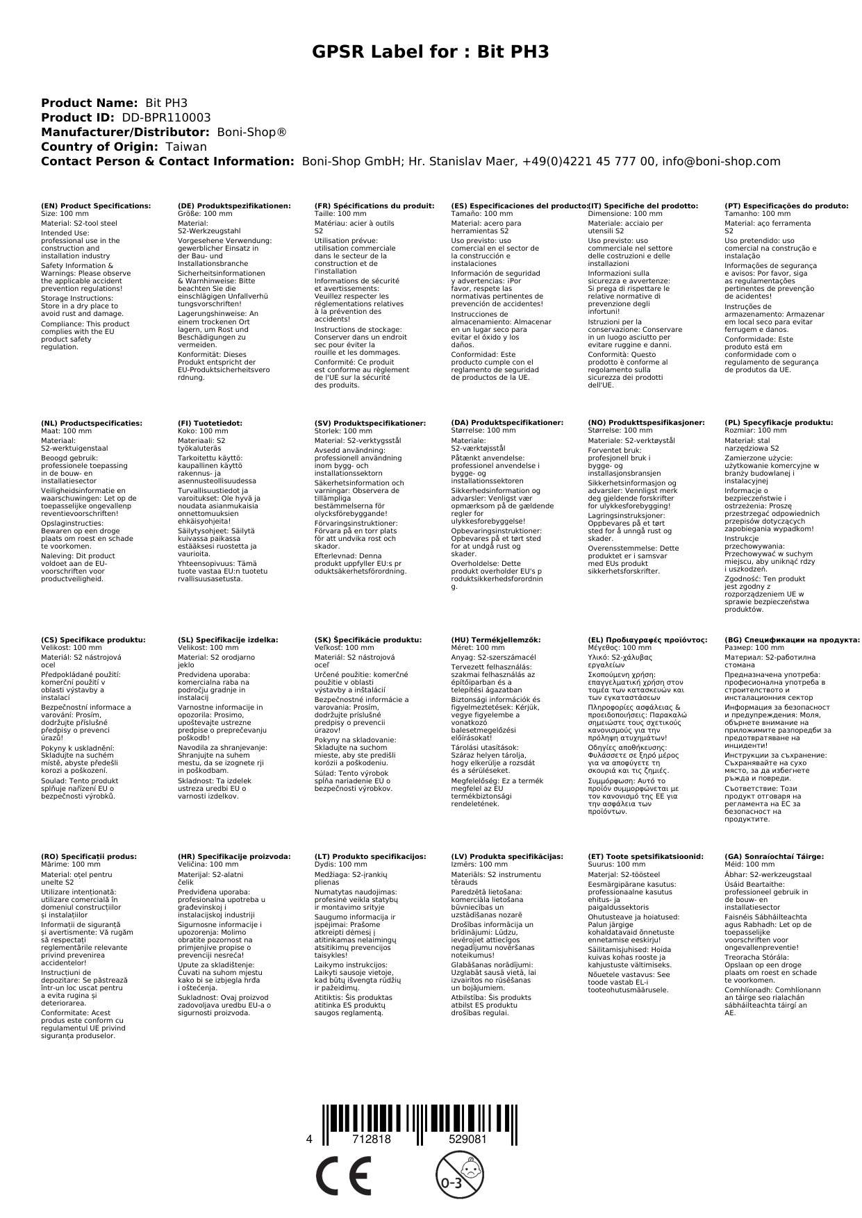 PH3 Bit, 100mm Langbit, S2 Stahl, Industrie Qualität
