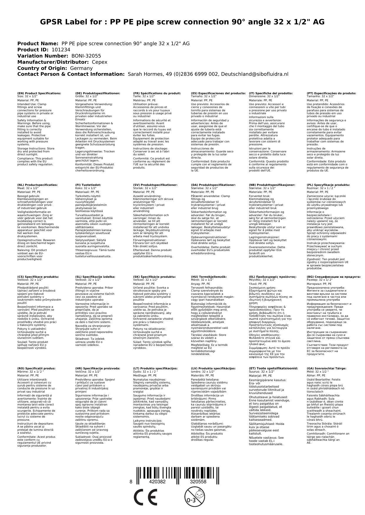 PP PE Rohr Verschraubung 90° Winkel 32 x 1/2" AG