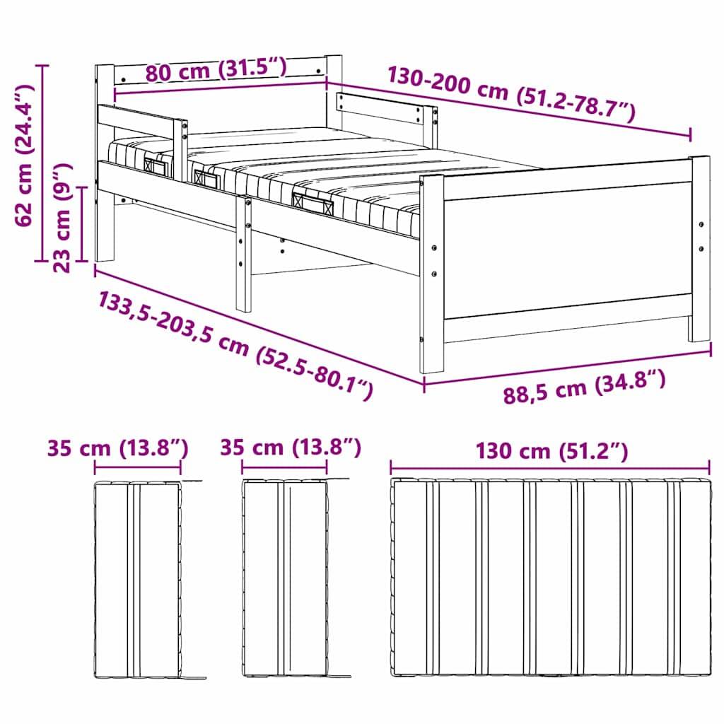 vidaXL Bettgestell mit erweiterbarer Matratze Braun 80 x 200 cm