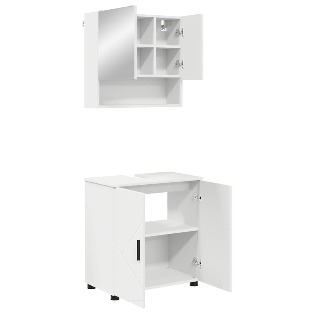 Weißes Badezimmerschrank-Set mit oberen Spiegeltüren und unterem Stauraum, beide geöffnet, mit sichtbaren Regalen zur Organisation von Toilettenartikeln.