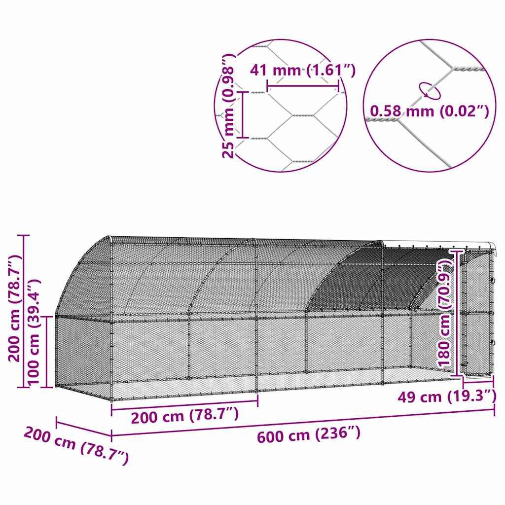 Outdoor-Gewächshaus-Diagramm mit Abmessungen: 200 cm Höhe, 600 cm Länge, 200 cm Breite. Drahtdicke angegeben mit 41 mm.