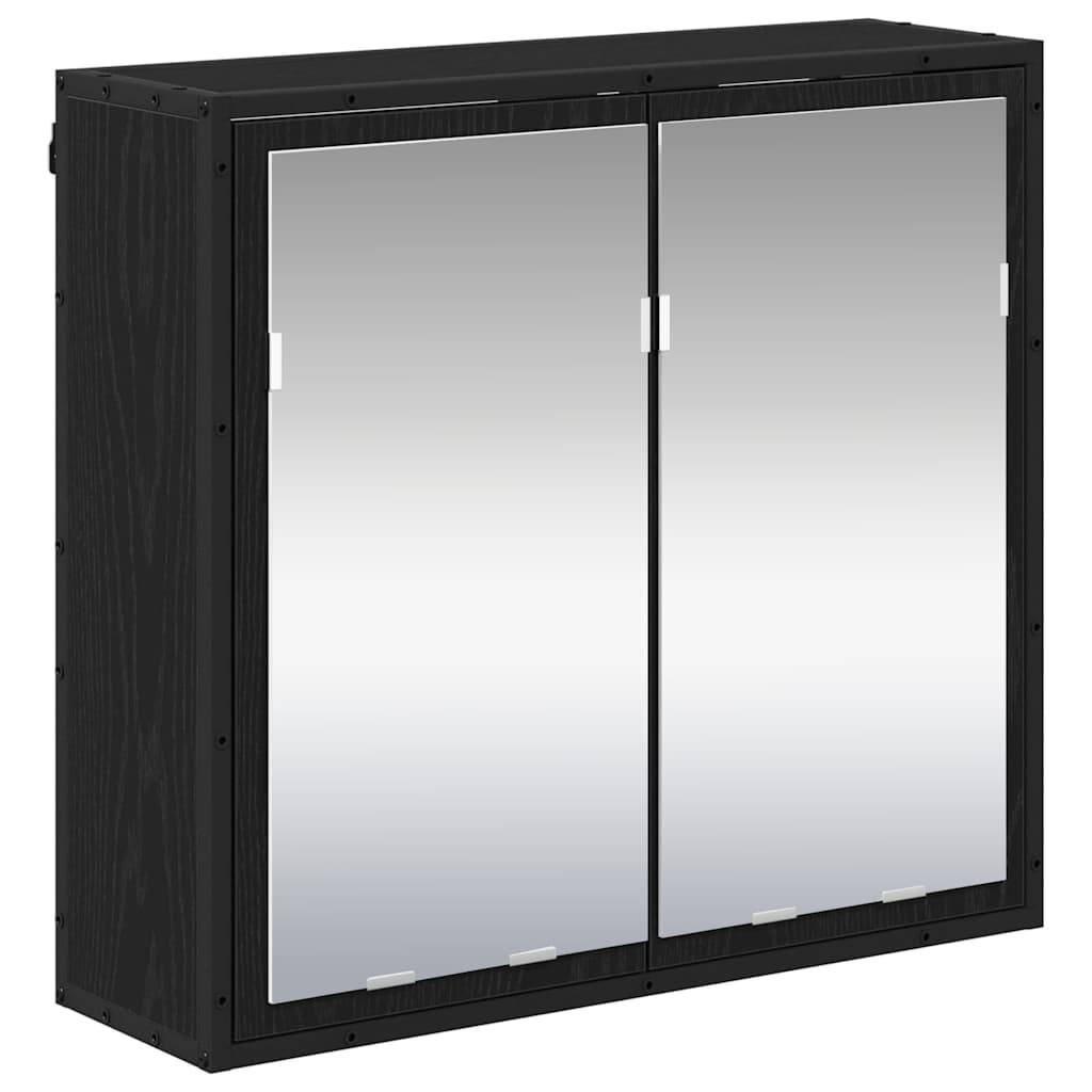 Ein schwarzer, wandmontierter Badezimmerschrank mit zwei Spiegeltüren.
