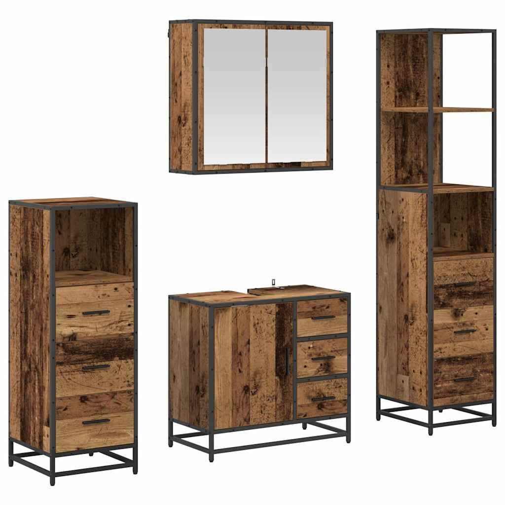 Badmöbel-Set aus Holz mit vier Teilen: ein Spiegelschrank für die Wand, ein niedriger Schrank mit Schubladen und zwei Aufbewahrungsschränke.