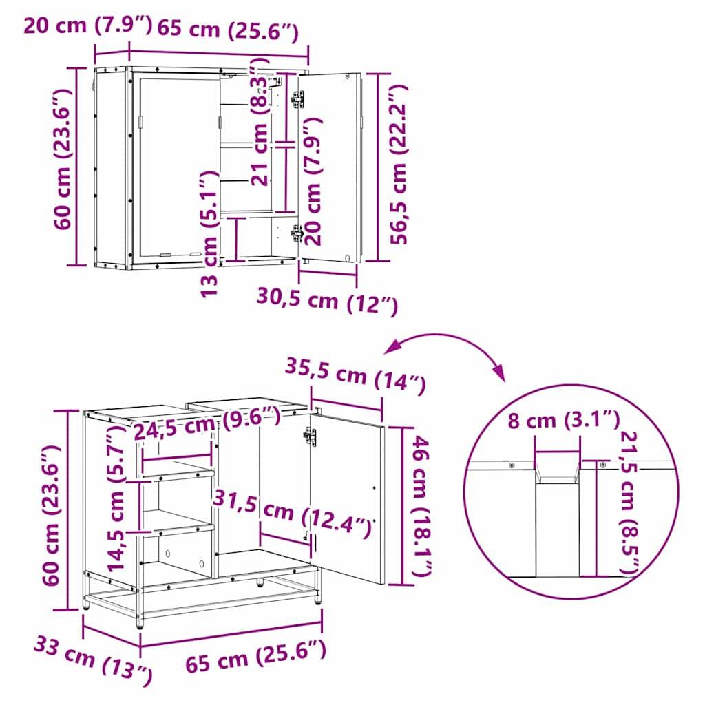 vidaXL Badezimmermöbel-Set 3 pcs Schwarz Eichen-Optik Holzwerkstoff