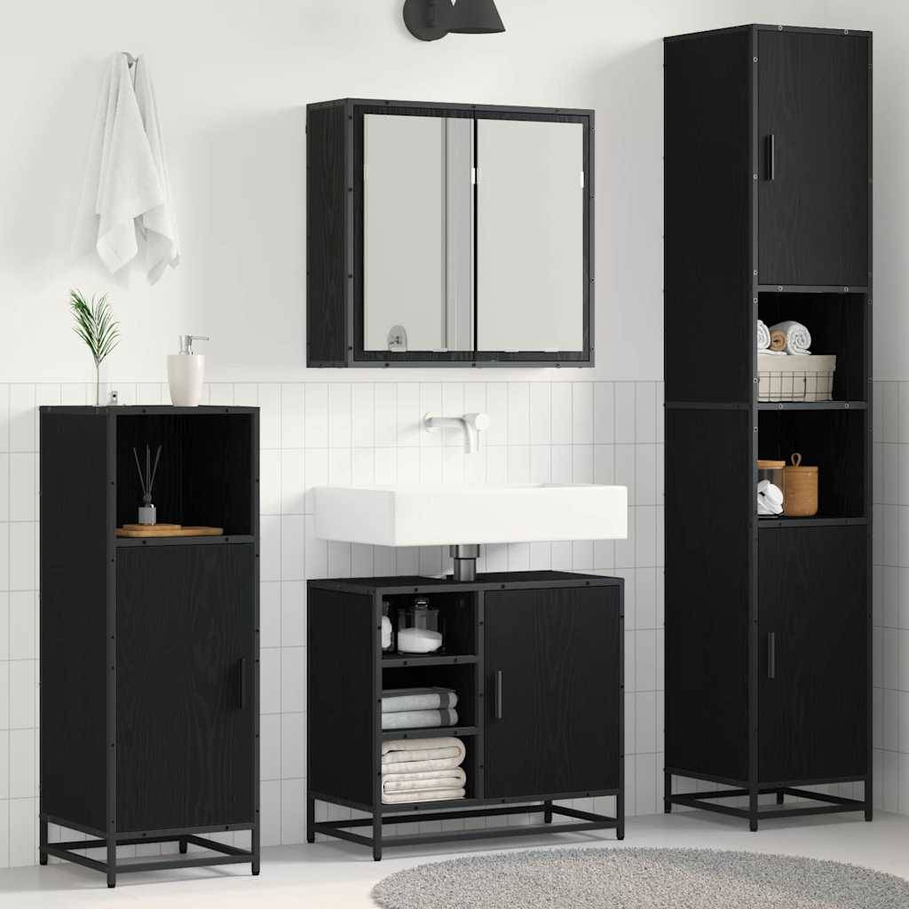 Schwarzes Badmöbel-Set mit wandmontiertem Spiegelschrank, Waschbecken mit Waschtisch und hohen Aufbewahrungsschränken. Modernes, minimalistisches Design.