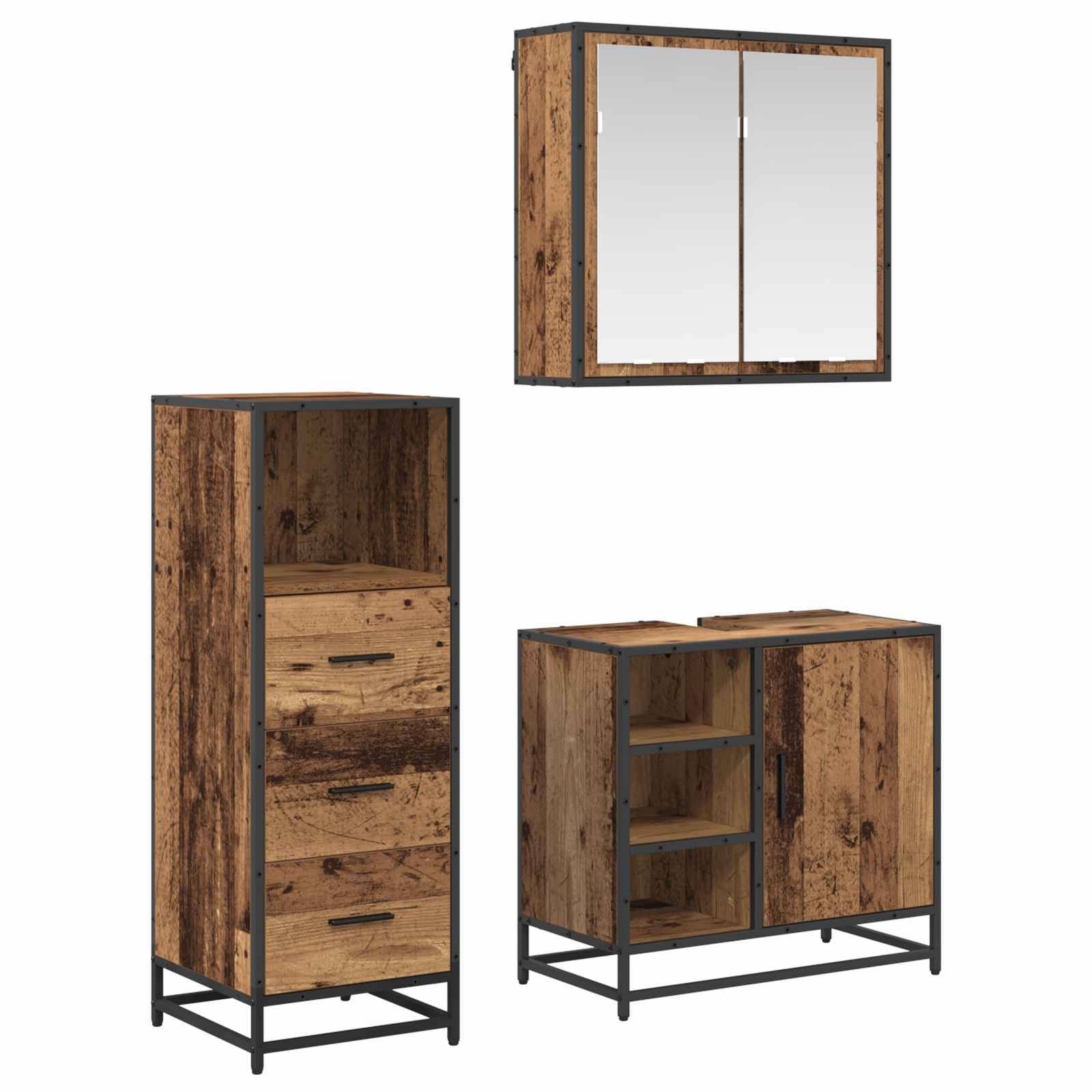 Möbel-Set aus Holz und Metall, bestehend aus einem Wandschrank mit Spiegeln, einem hohen Schrank mit drei Schubladen und einem Seitenschrank mit offenen Regalen.