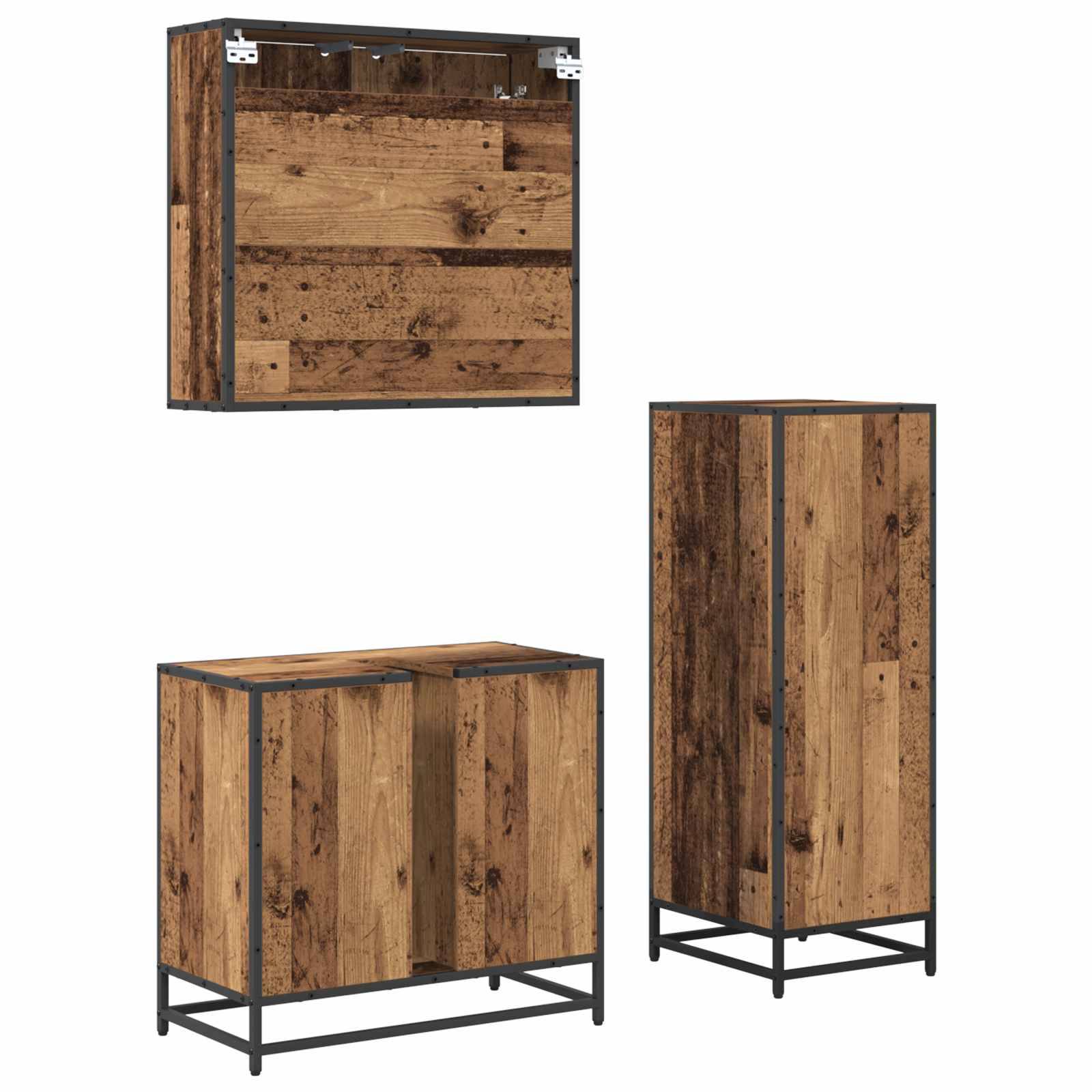 Drei Holzschränke mit Metallrahmen: ein wandmontierter Schrank, ein zweitüriger Seitenschrank und ein hoher, eintüriger Schrank. Rustikales Design.