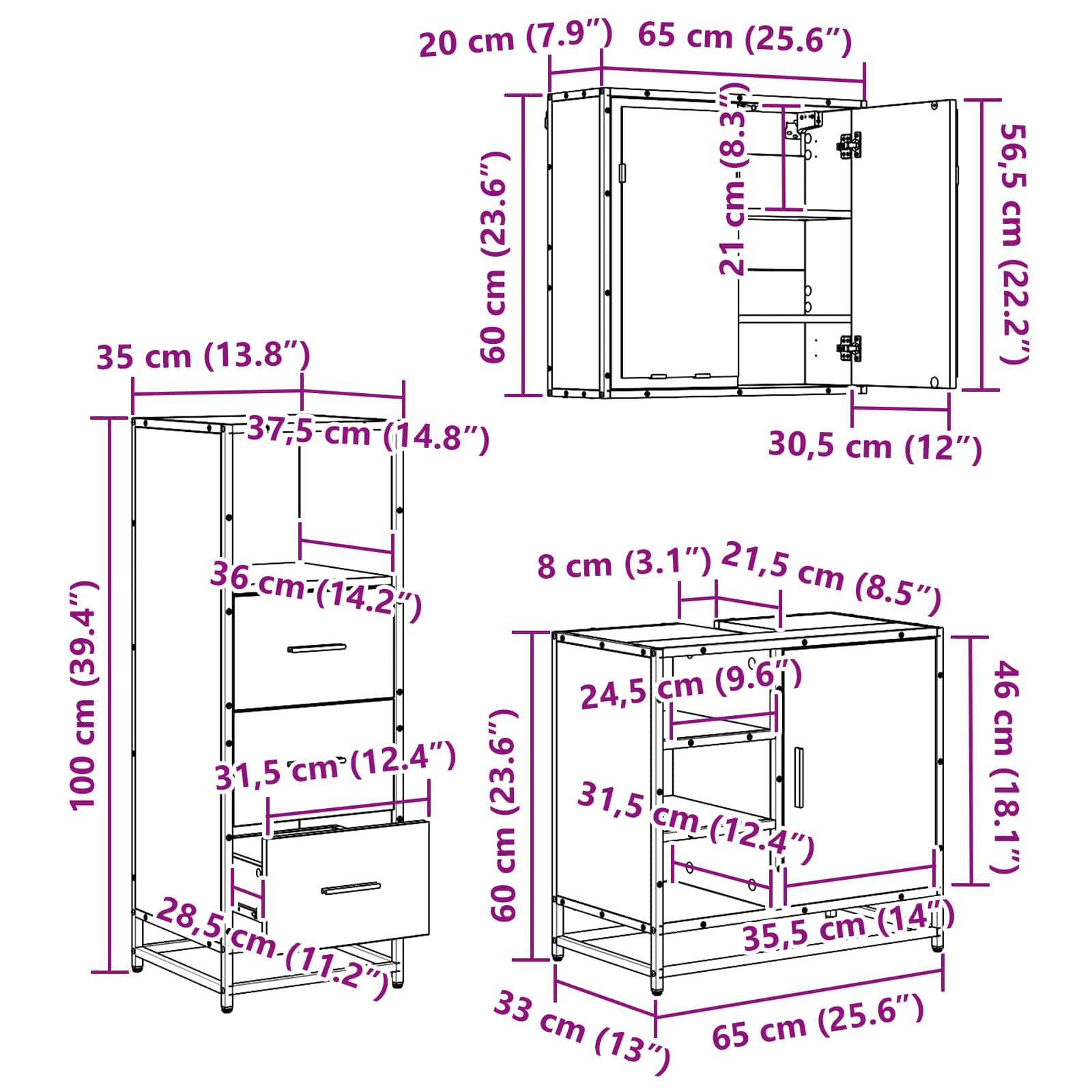 Diagramm eines Lagerschranks mit Abmessungen: 100 cm (39,4