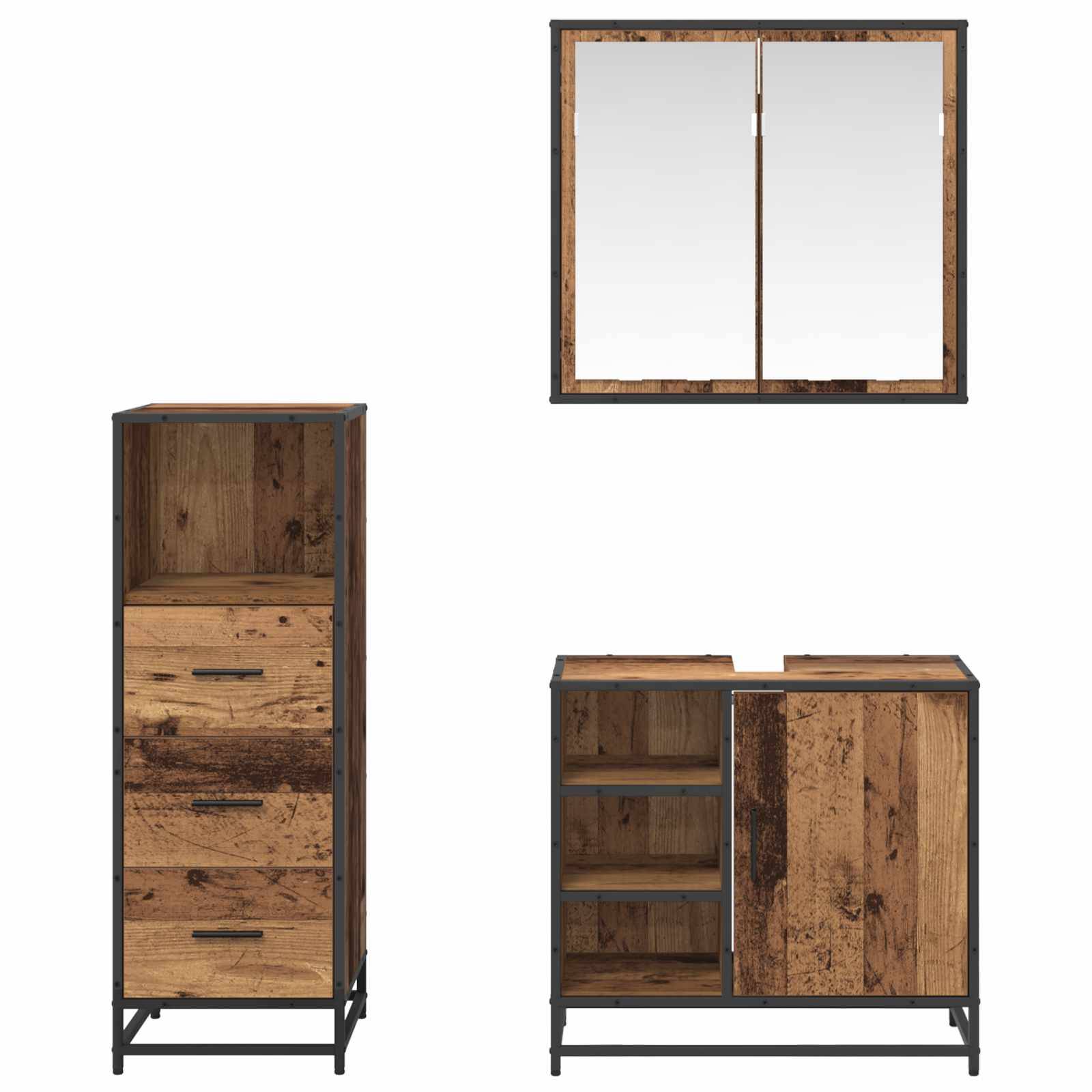 Modernes rustikales Badmöbel-Set mit Holzoberfläche und schwarzem Metallrahmen, bestehend aus einem hohen Schrank, einem Waschtisch mit Regalen und einem Spiegelschrank.