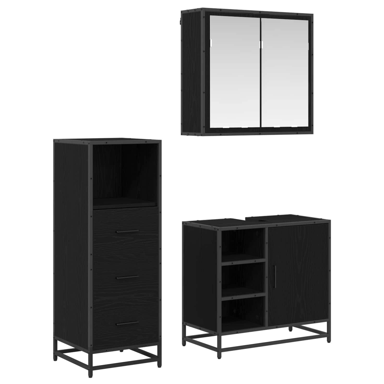 Hoher schwarzer Aufbewahrungsschrank mit drei Schubladen und einem offenen Regal; schwarzer Waschtischunterschrank mit einem Regal, einer Tür und Platz für ein Waschbecken; montierter Spiegelschrank.
