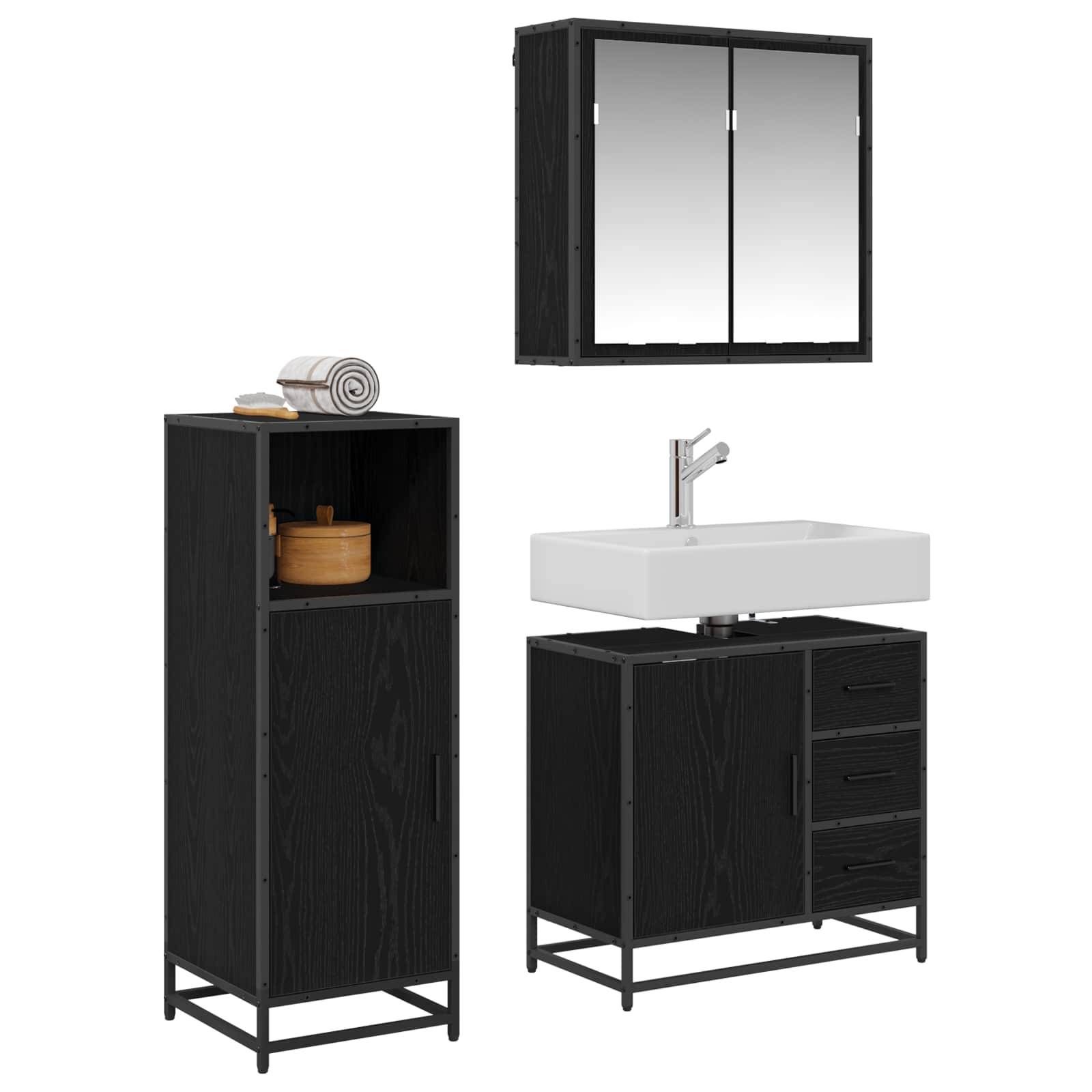 Schwarzes Badmöbel-Set mit Spiegelschrank, Waschtischunterschrank mit Schubladen und einem hohen Aufbewahrungsschrank mit offenen Regalen.