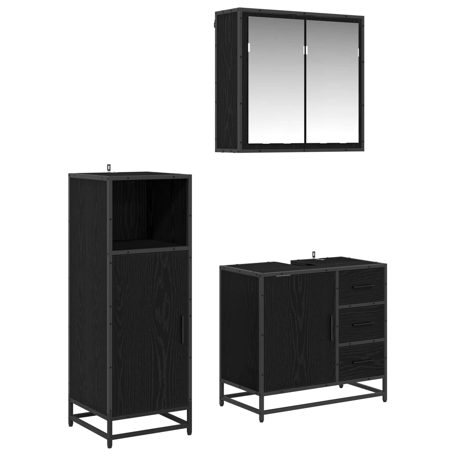 Ein schwarzes modernes Badmöbel-Set umfasst einen hohen Schrank, einen niedrigeren Schrank mit Schubladen und Türen sowie einen Spiegelschrank an der Wand.