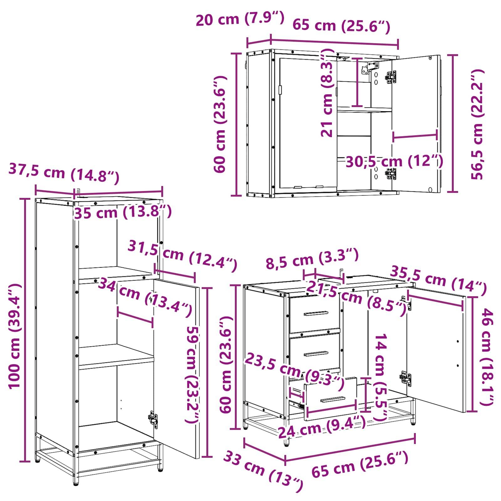 Drei Diagramme zeigen die Abmessungen eines Schranks mit detaillierten Maßangaben in Zentimetern und Zoll.