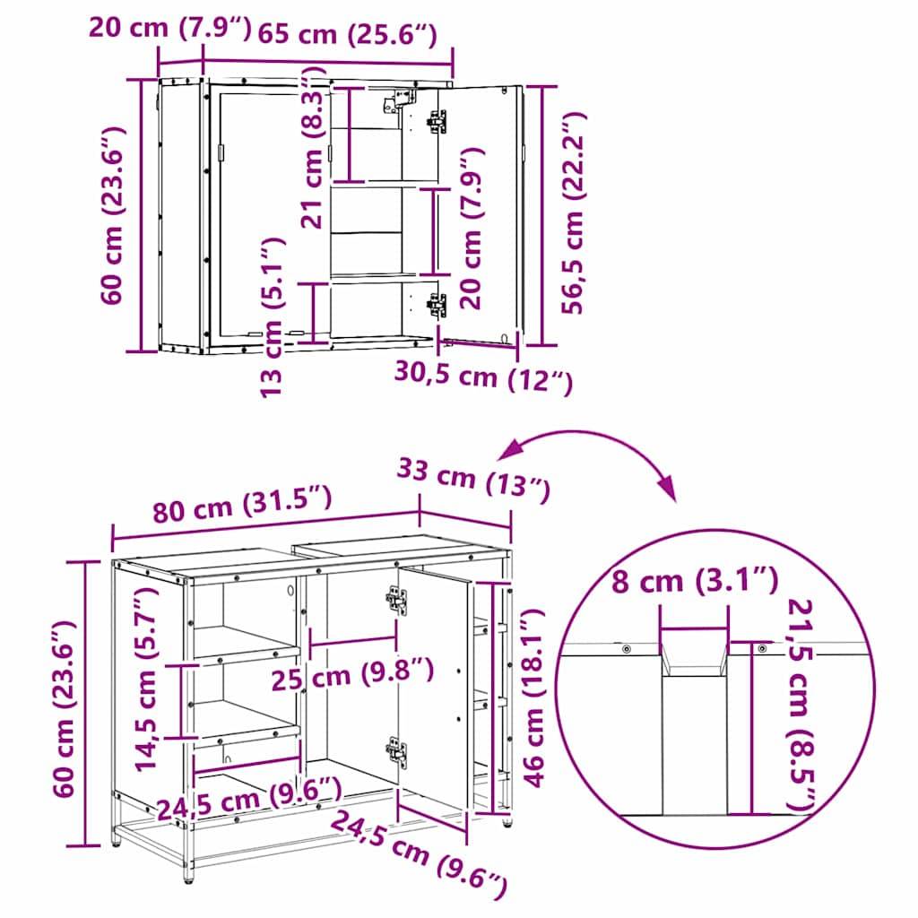 vidaXL Badezimmermöbel-Set 3 pcs Schwarz Eichen-Optik Holzwerkstoff