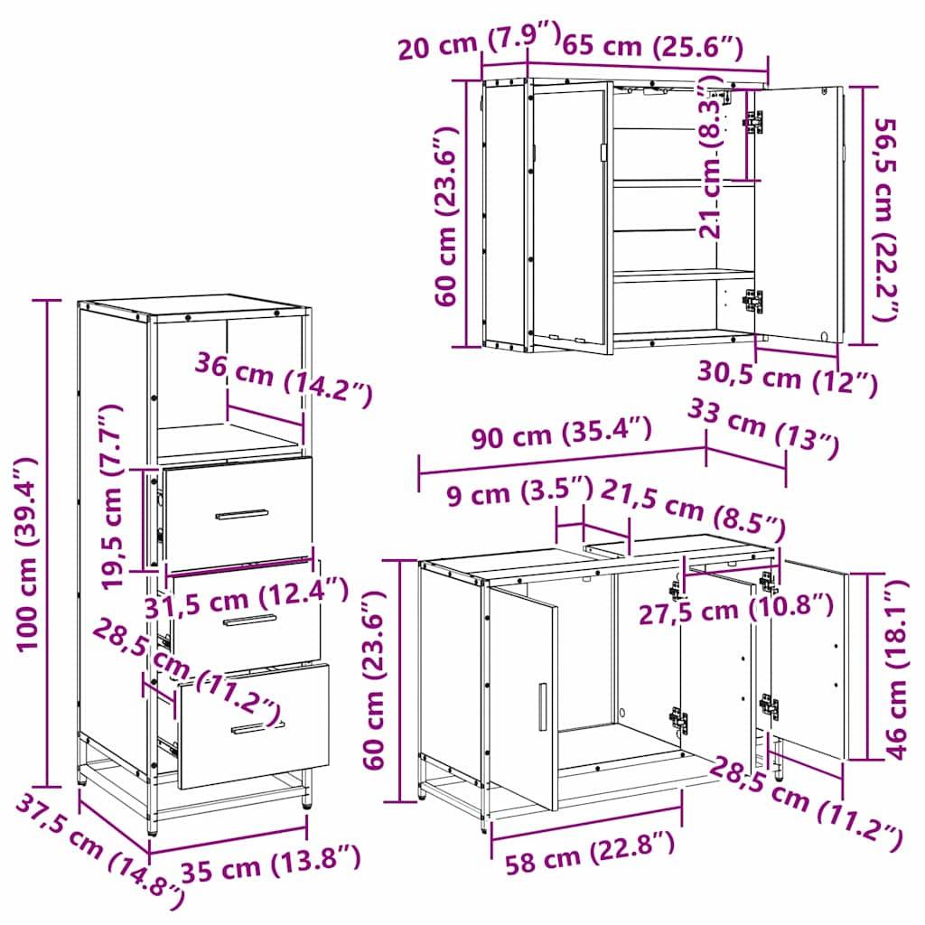 vidaXL Badezimmermöbel-Set 3 pcs Schwarz Eichen-Optik Holzwerkstoff