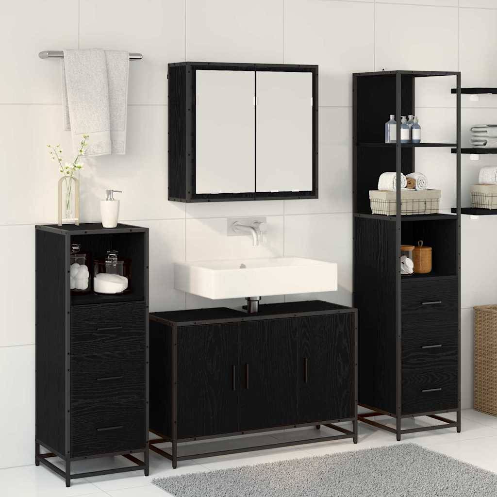 Modernes Badezimmer mit schwarzen Schränken, weißem Waschbecken und einem Spiegelschrank. Regale tragen Handtücher und Flaschen. Minimalistisches Design.