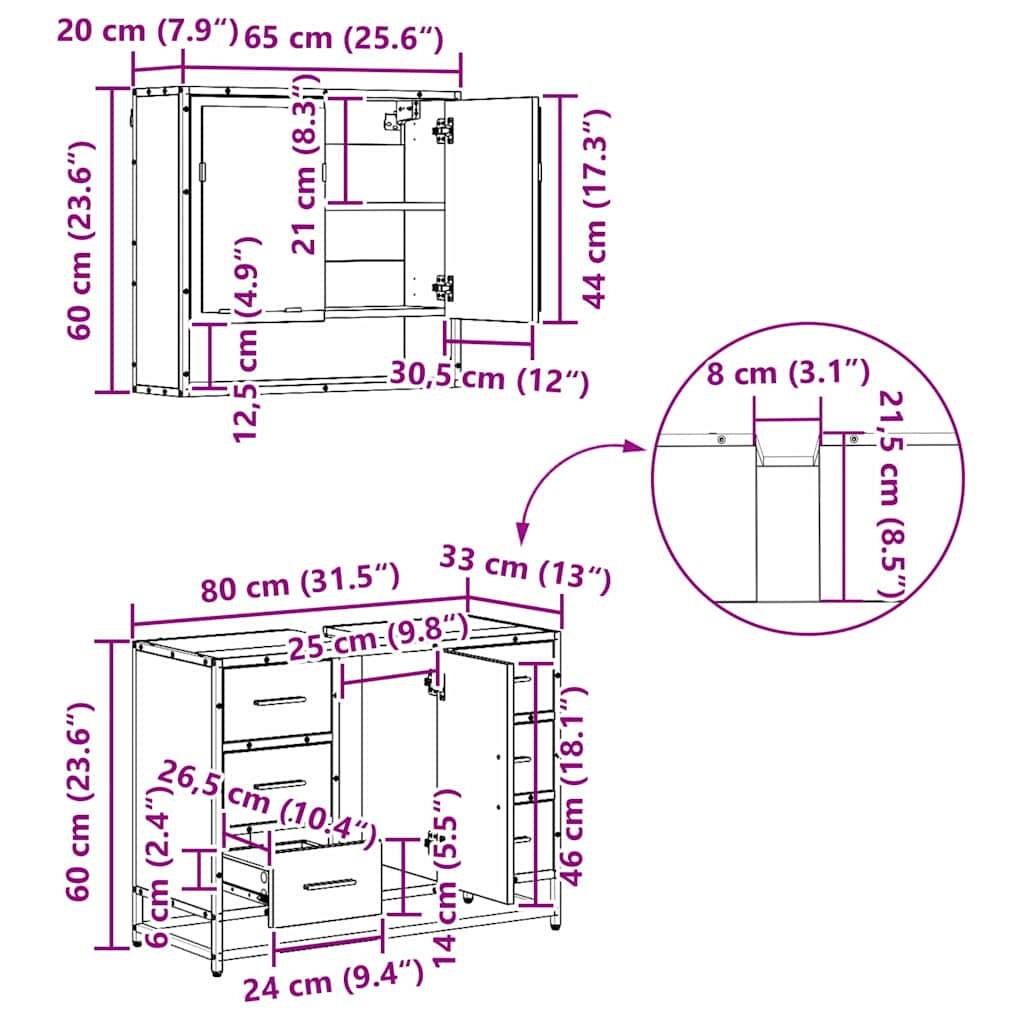 vidaXL Badezimmermöbel-Set 3 pcs Schwarz Eichen-Optik Holzwerkstoff