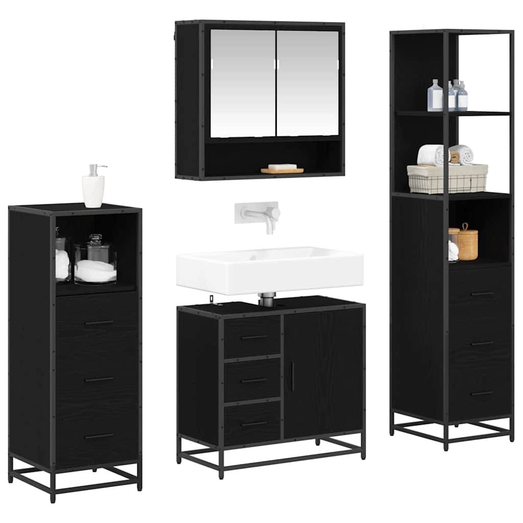 Schwarzes Badmöbel-Set umfasst einen Spiegelschrank, ein hohes Regalregal, einen Waschbecken mit Stauraum und einen niedrigeren Schrank mit Schubladen.
