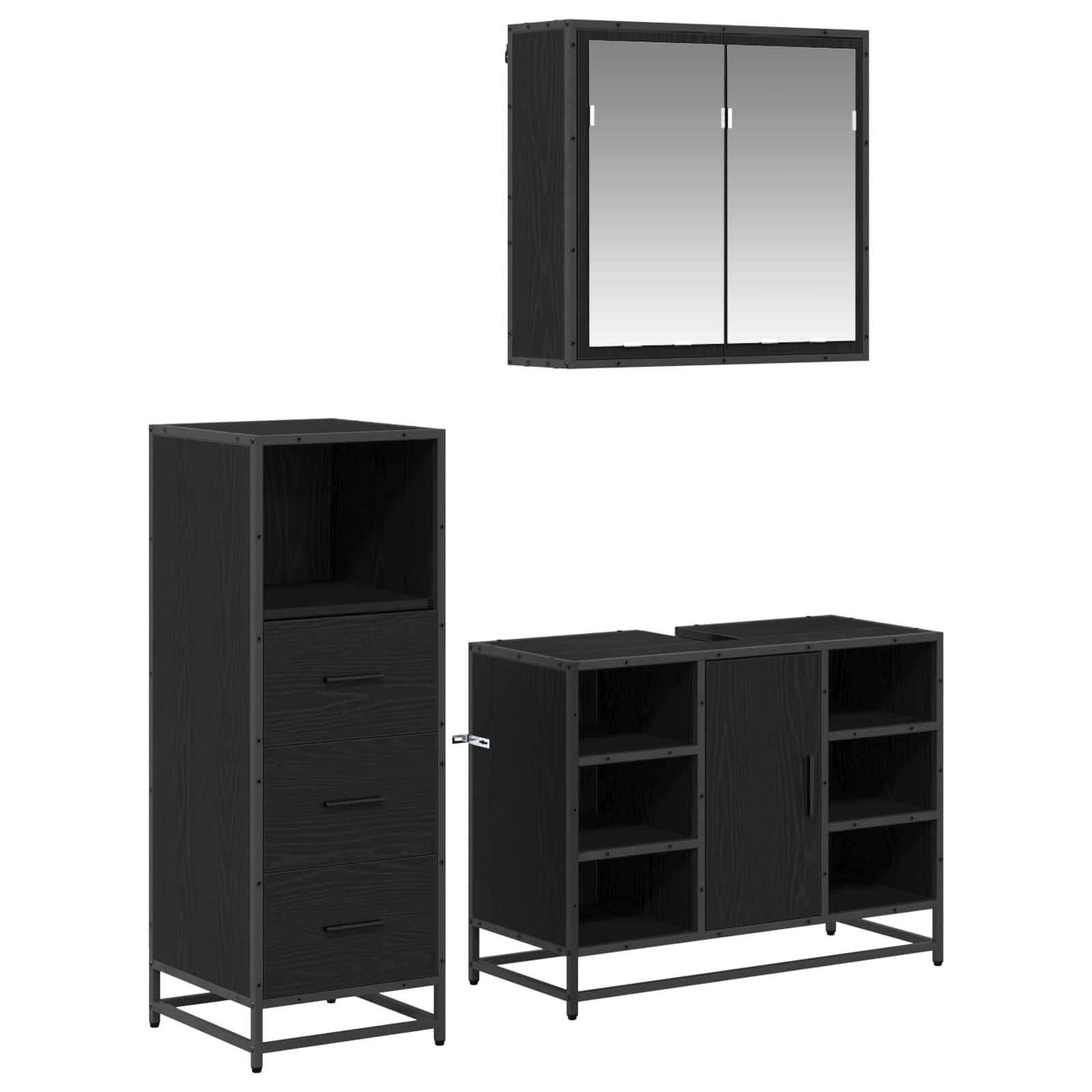Eine schwarze Badmöbel-Kollektion bestehend aus einem Spiegelschrank an der Wand, einem hohen Schrank mit Einlegeböden und Schubladen sowie einem Seitenschrank mit offenen Regalen.