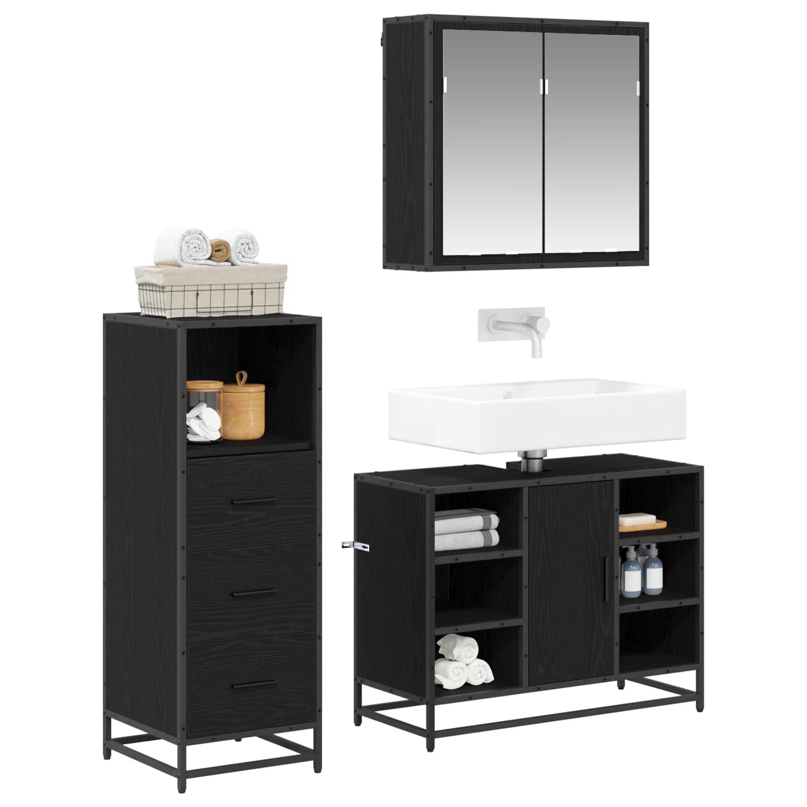 Schwarzes Badmöbel-Set mit Waschtisch, Spiegelschrank, hohem Aufbewahrungsschrank und Ablage, ausgestattet mit Handtüchern, Toilettenartikeln und einem Waschbecken.