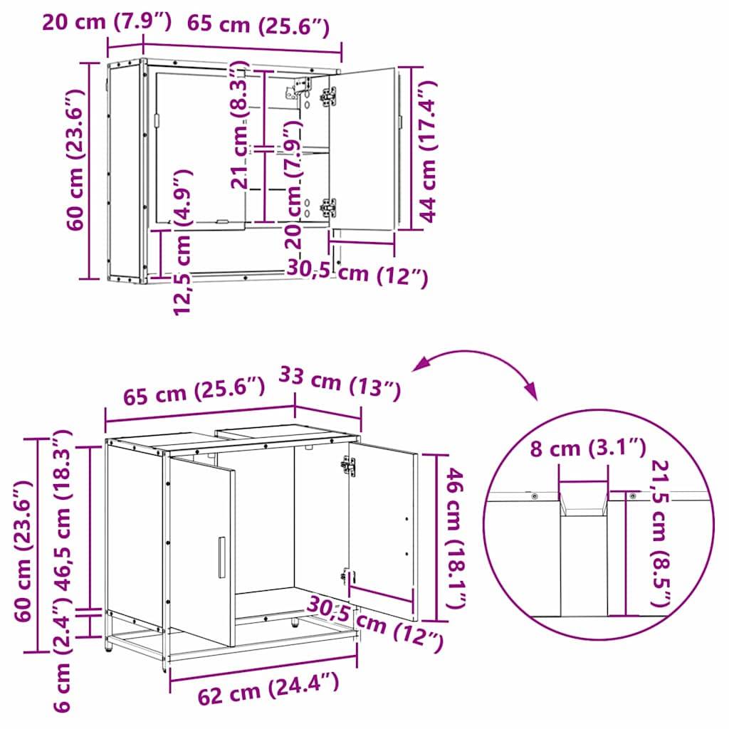 vidaXL Badezimmermöbel-Set 3 pcs Schwarz Eichen-Optik Holzwerkstoff