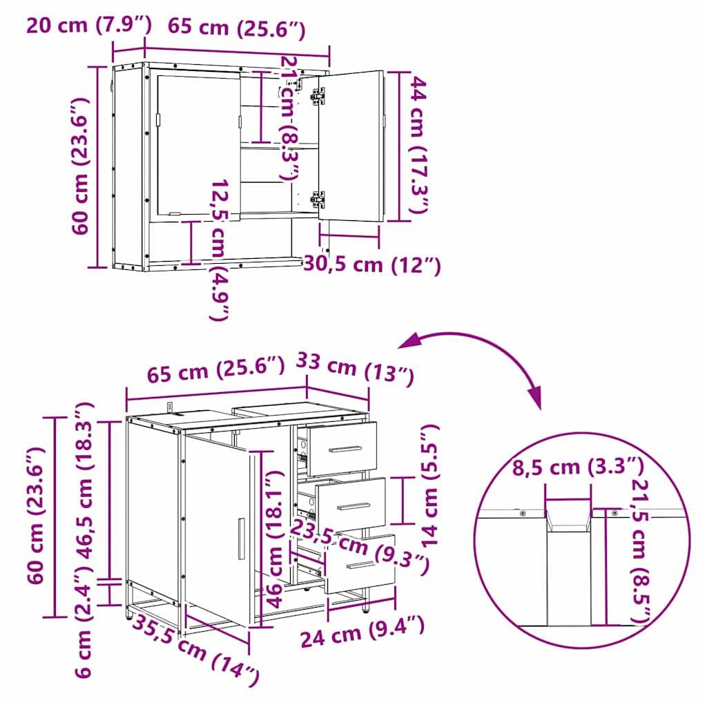 vidaXL Badezimmermöbel-Set 3 Stk. Artisan-Eiche 35 x 37,5 x 188,5 cm