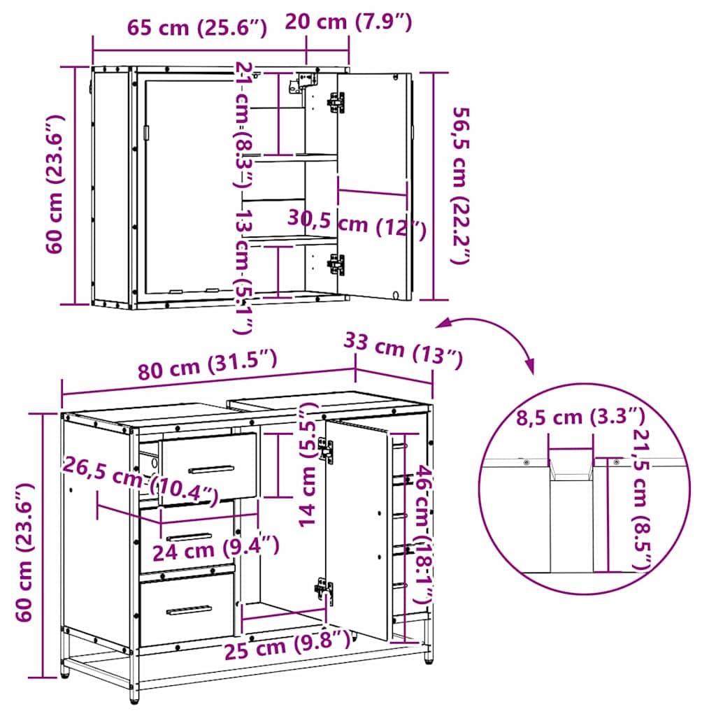 vidaXL Badezimmermöbel Set 3 pcs Altholz 80 x 33 x 60 cm Holzwerkstoff