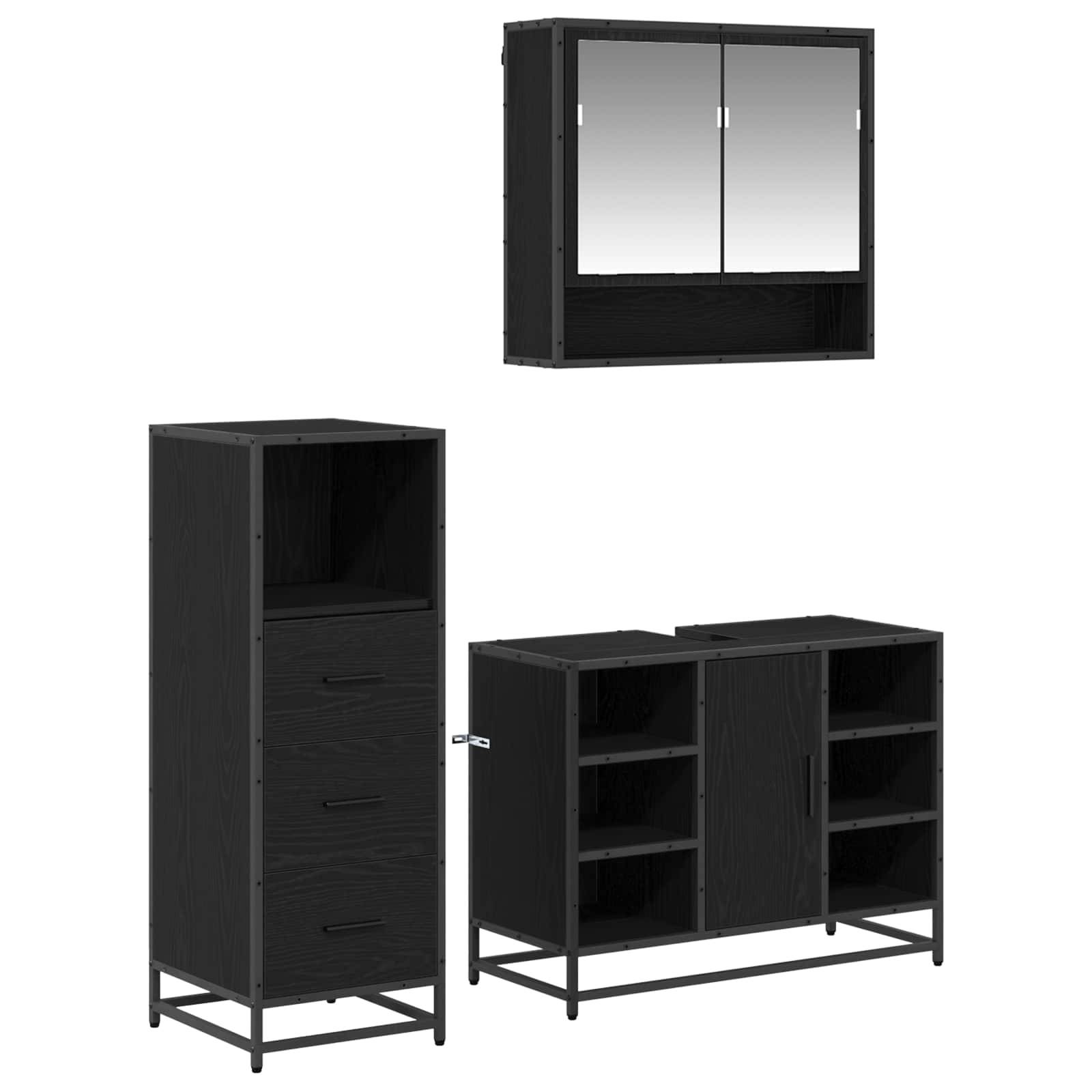 Schwarzes Möbelset, bestehend aus einem hohen Schrank mit Schubladen, einem wandmontierten Spiegelschrank und einem niedrigen Schrank mit Regalen und Türen.