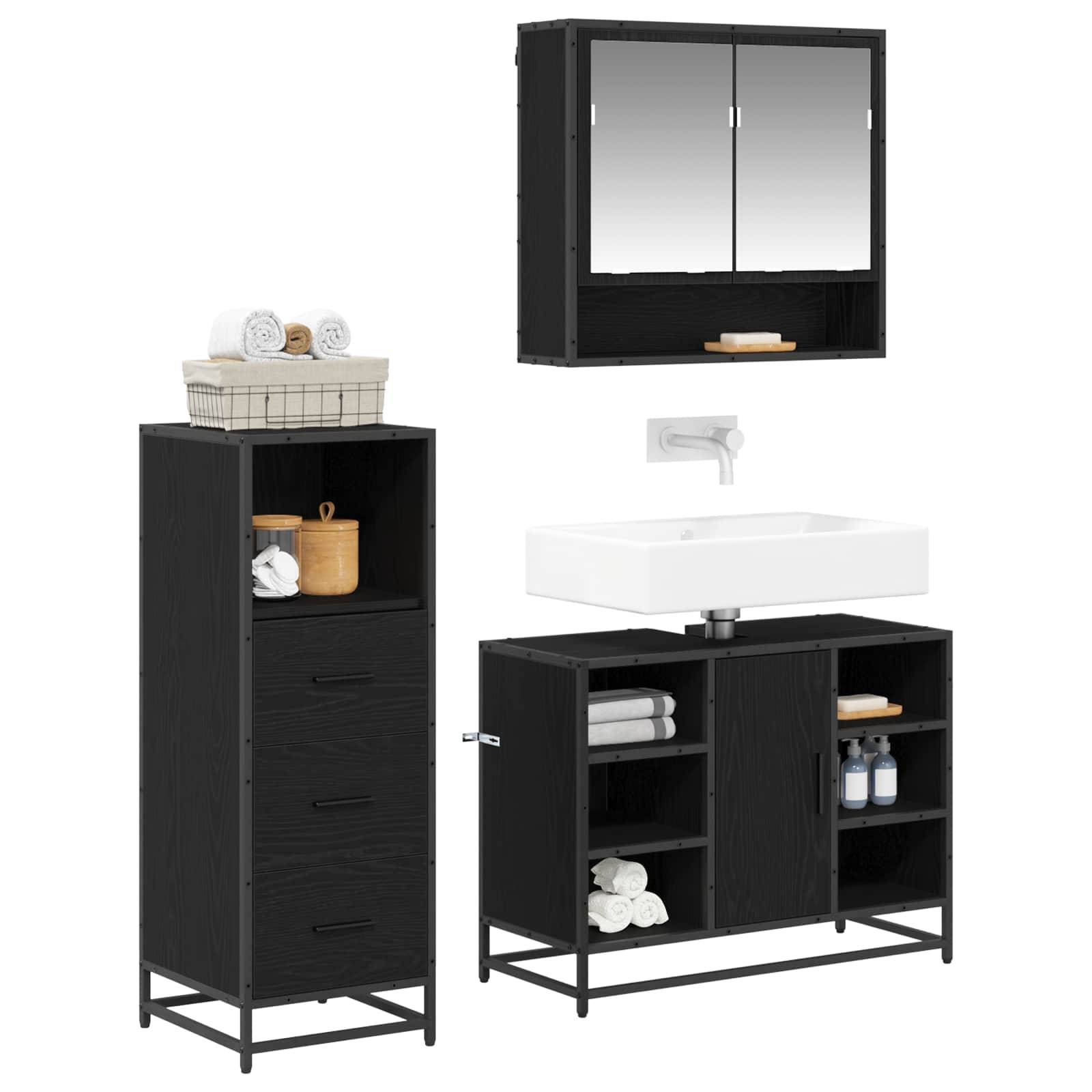Schwarzes Badmöbel-Set mit einem Aufbewahrungsschrank, Spiegelschrank zur Wandmontage und einem Waschtisch mit offenem Regal, auf dem Handtücher und Toilettenartikel präsentiert werden.