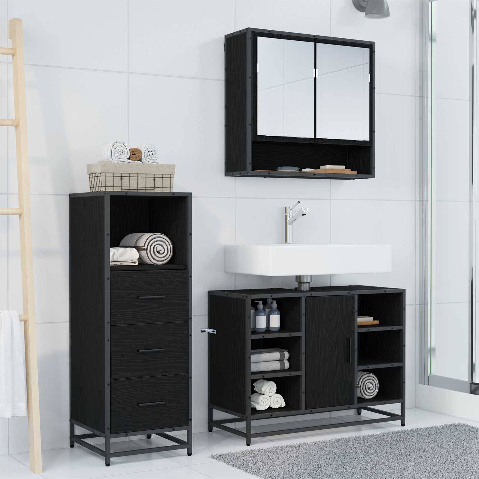 vidaXL Badezimmermöbel-Set 3 pcs Schwarz Eichen-Optik Holzwerkstoff