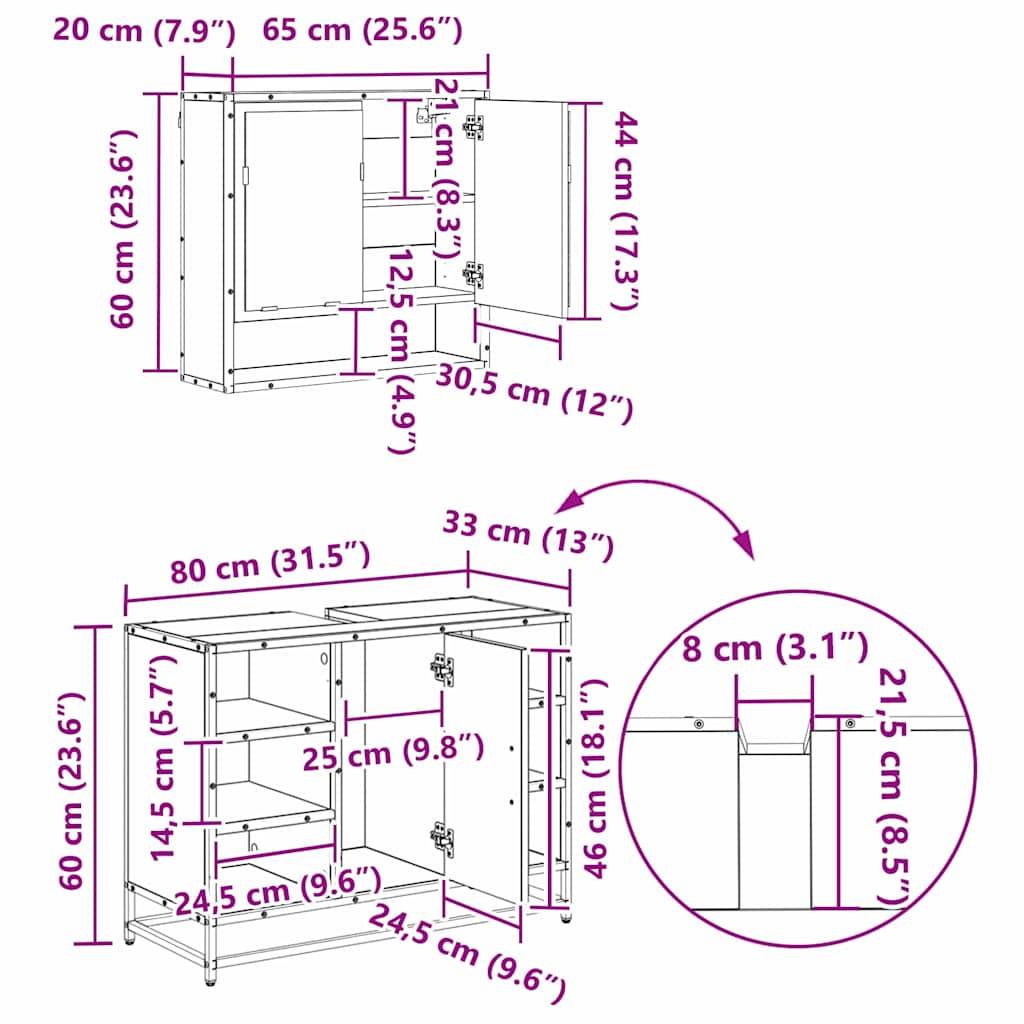 vidaXL Badezimmermöbel-Set mit Schubladen 3 pcs Altholz Holzwerkstoff