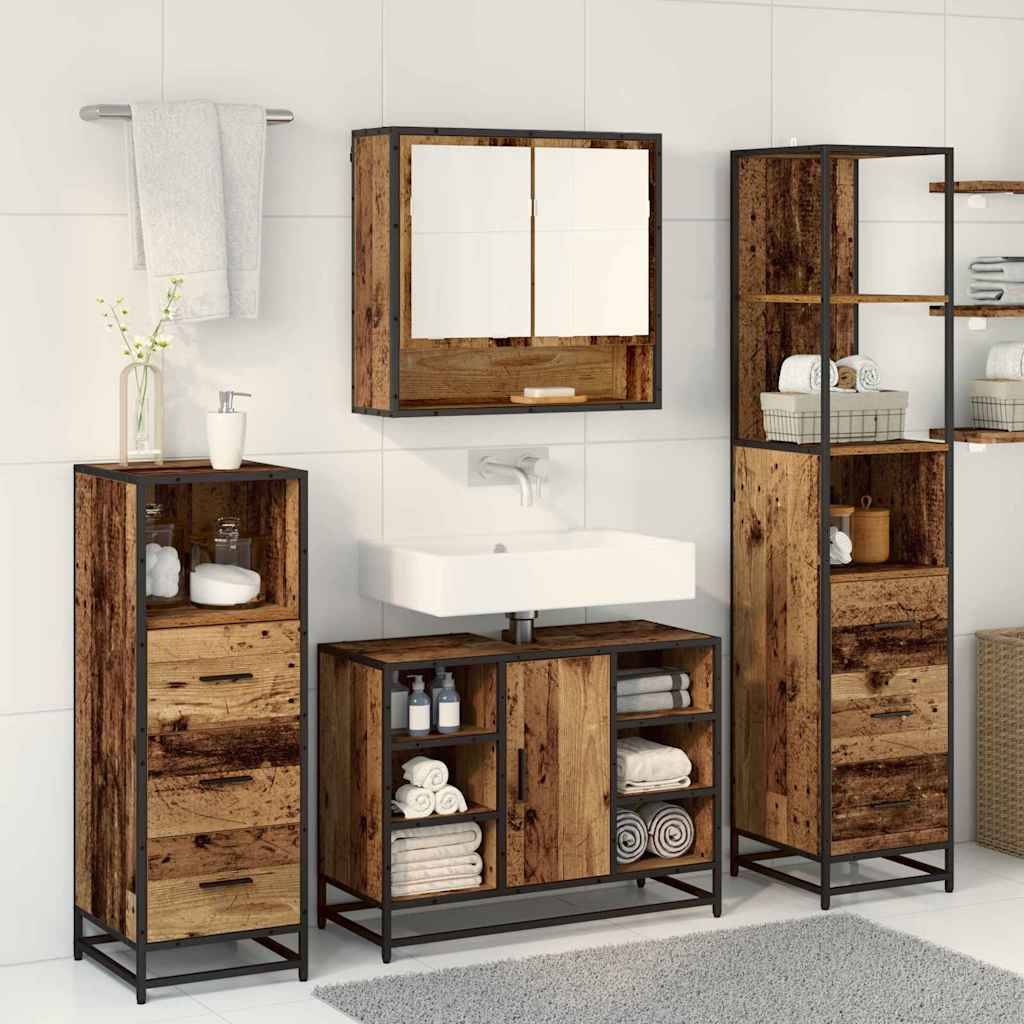 Badezimmer mit rustikalen Holzschränken, weißer Waschbecken, wandmontiertem Spiegel, ordentlich arrangierten Handtüchern und Dekorationen, das einen gemütlichen, strukturierten Eindruck vermittelt.