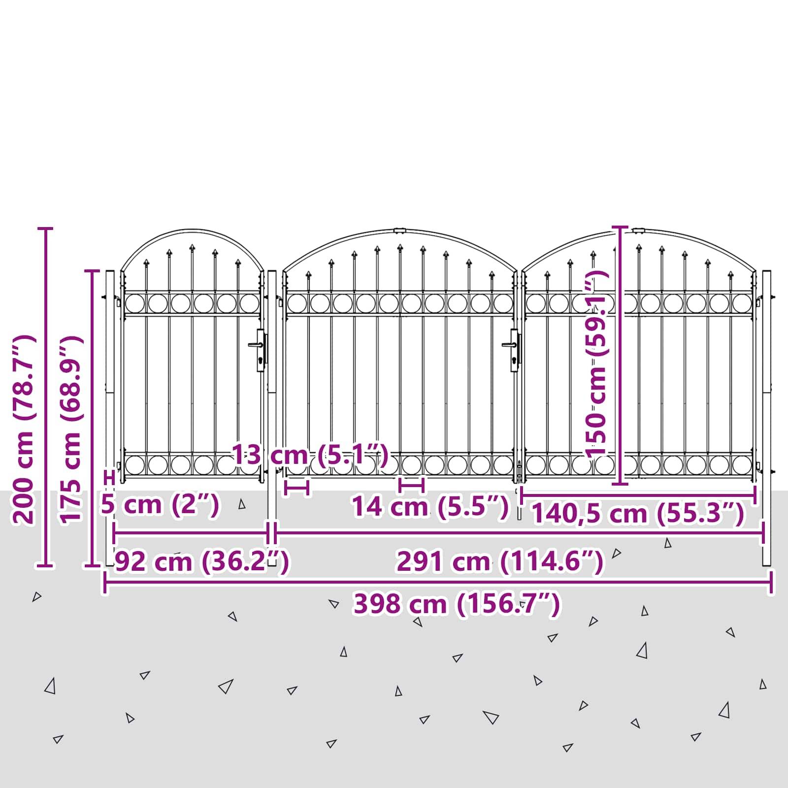 vidaXL Gartentor mit gewölbtem Oberteil Assen Grau 400 x 100 cm Stahl
