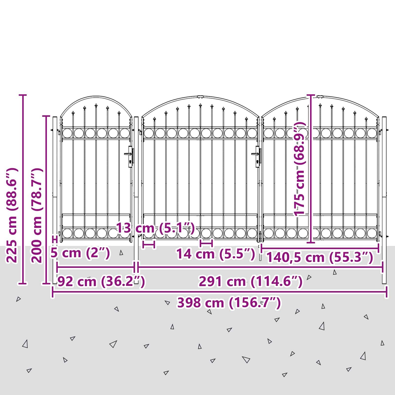 vidaXL Gartentor mit gewölbtem Oberteil Assen Grau 400 x 125 cm Stahl