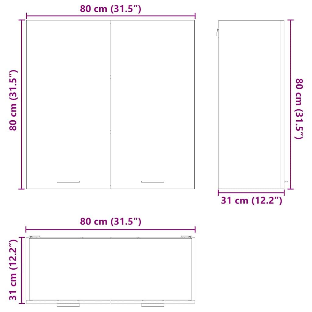 Diagramm eines rechteckigen Schranks mit den Abmessungen: Höhe 80 cm (31,5 Zoll), Breite 80 cm (31,5 Zoll), Tiefe 31 cm (12,2 Zoll).