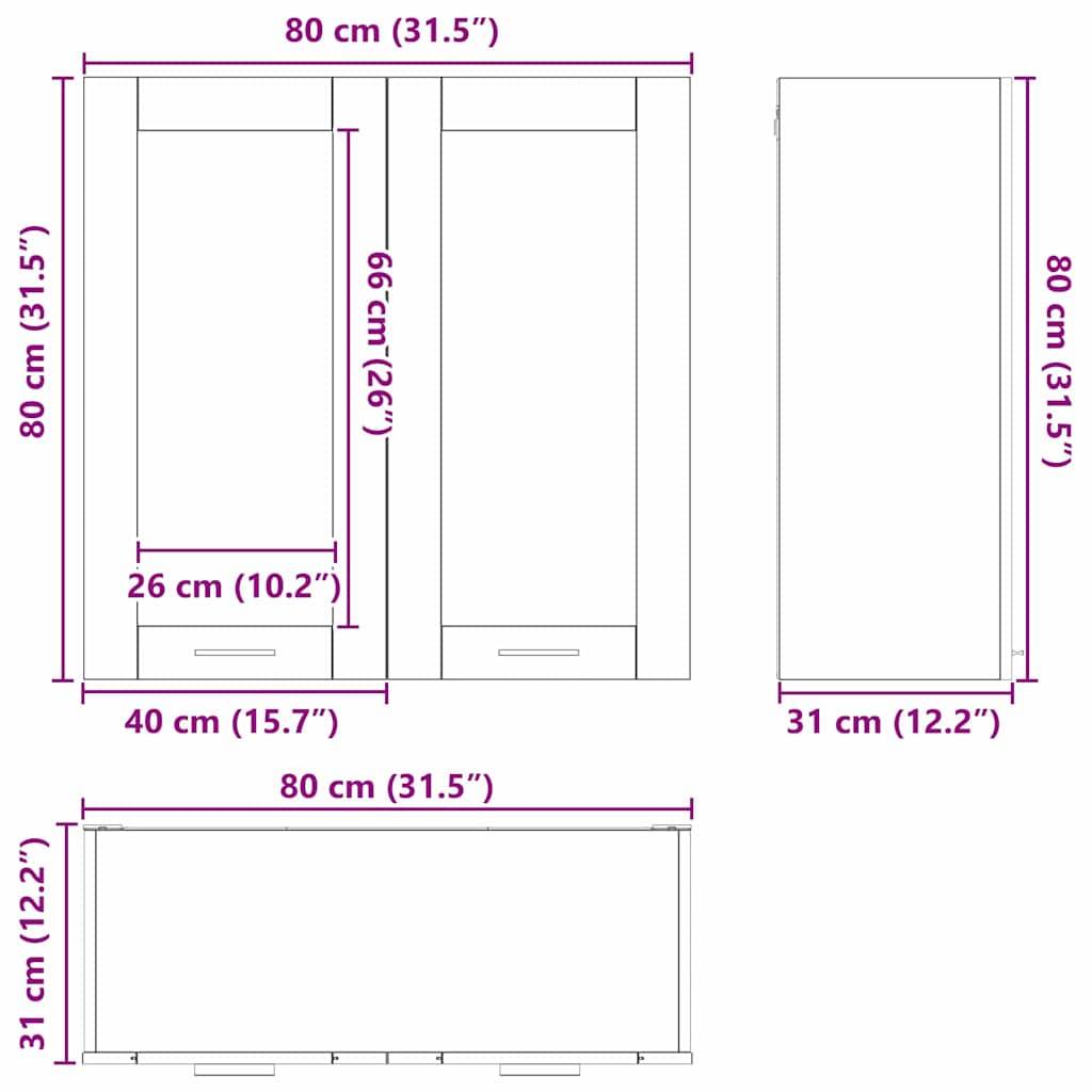 Ein Garderobenbau-Plan mit Vorderansicht in zwei Abschnitten, Seitenansicht und Draufsicht. Die Abmessungen sind in Zentimetern und Zoll beschriftet.