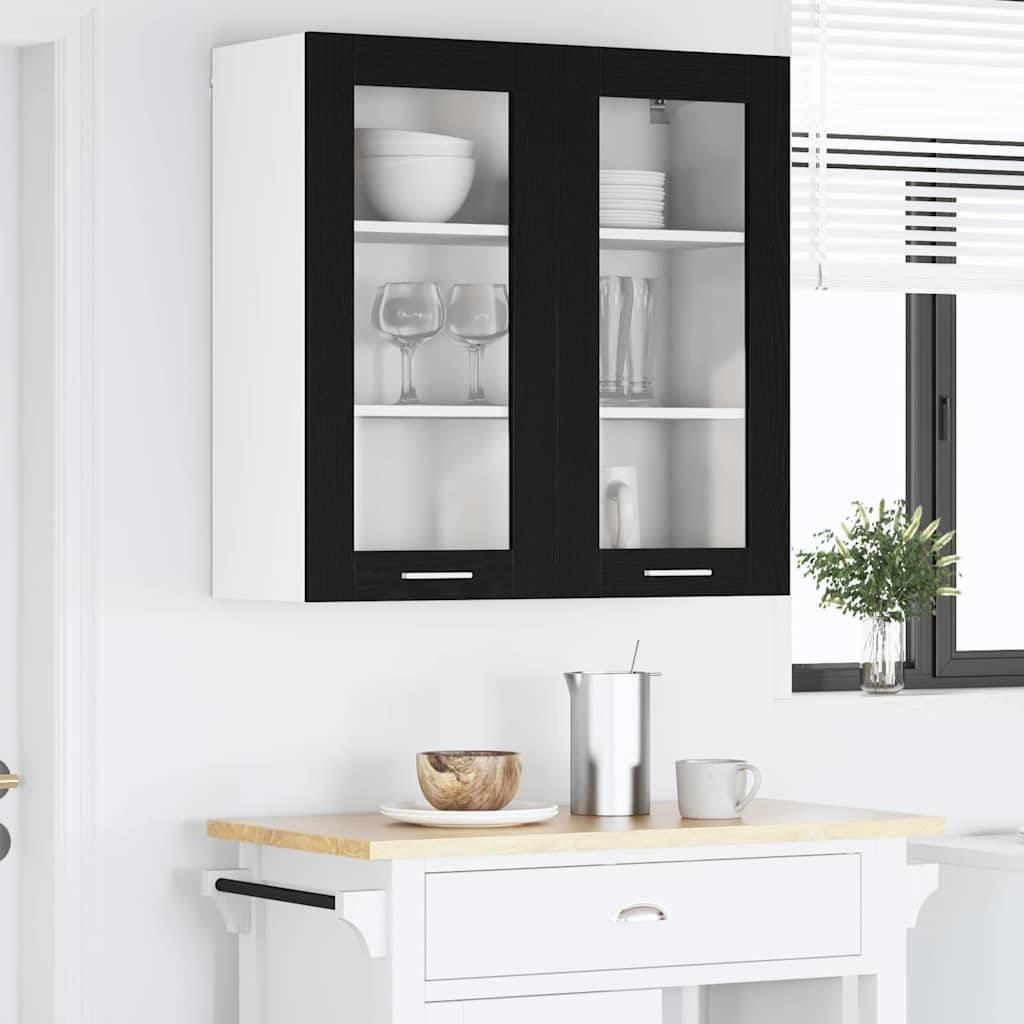 Eine moderne Küchenszene mit einem weißen Schrank mit Glastüren, gefüllt mit Geschirr und Gläsern. Darunter befindet sich eine Arbeitsplatte mit einem Topf.