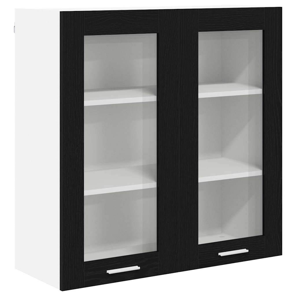 Ein weißer Wandschrank mit zwei Glastüren und schwarzen Paneelen, ausgestattet mit Metallgriffen und zwei Innenregalen.