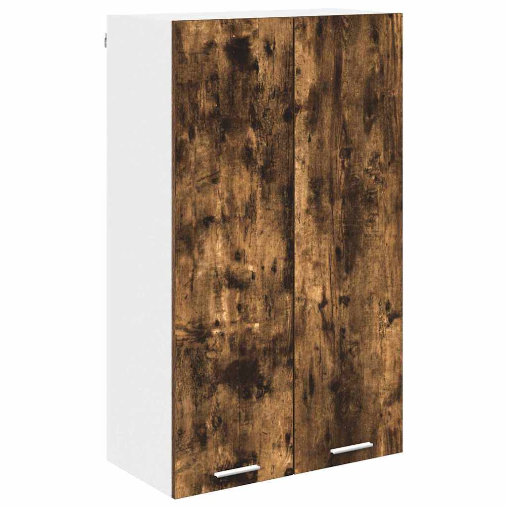 Ein weißer Schrank mit zwei Türen in Holzoptik und horizontalen Metallgriffen.