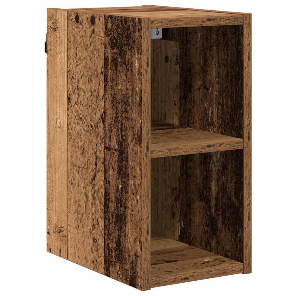 Ein kleines, rustikales Holzregal mit zwei offenen Fächern, das eine natürliche, verwitterte Oberfläche aufweist.