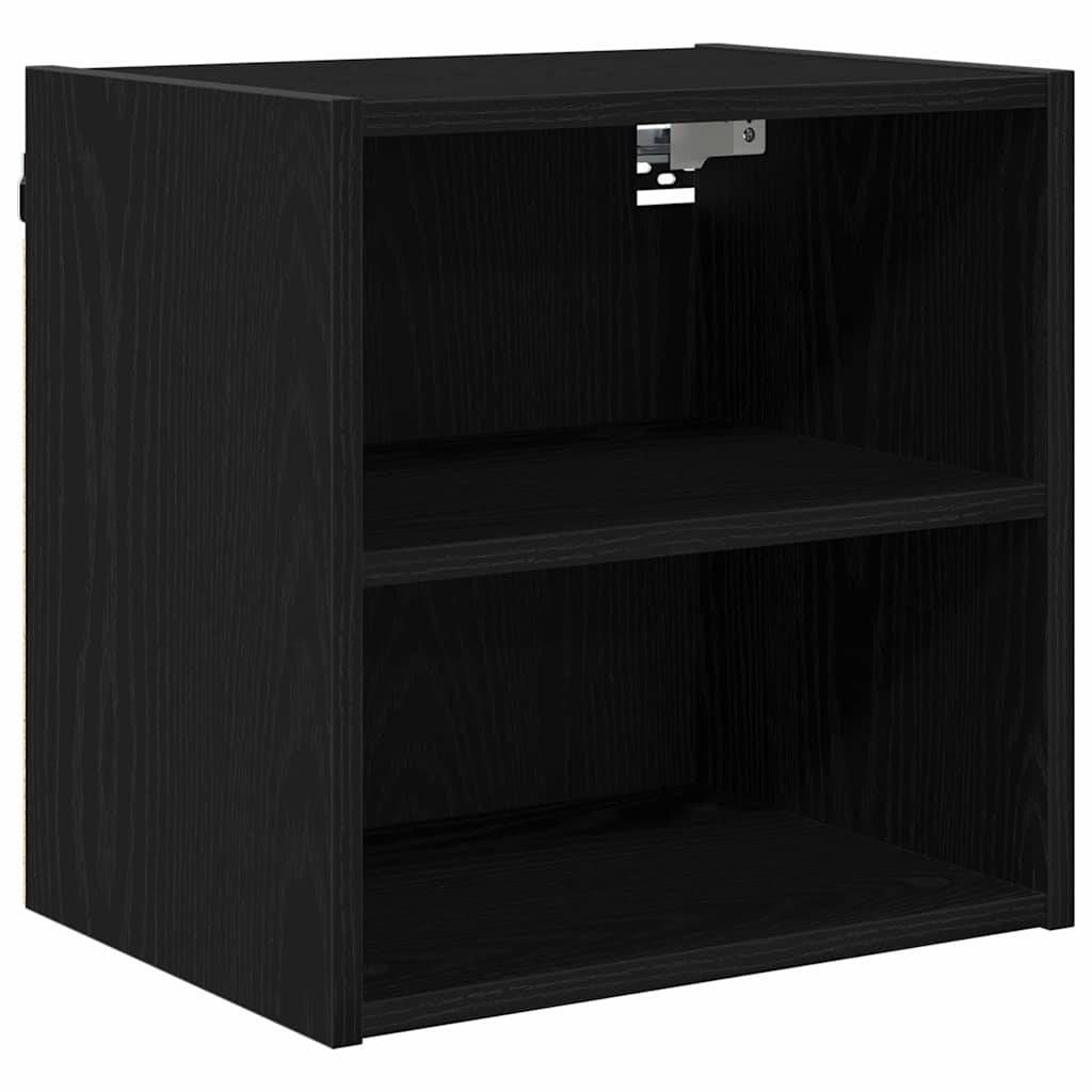 Schwarzer Holzschrank mit zwei Regalen, offener Front, Wandhalterung und minimalistischem Design.